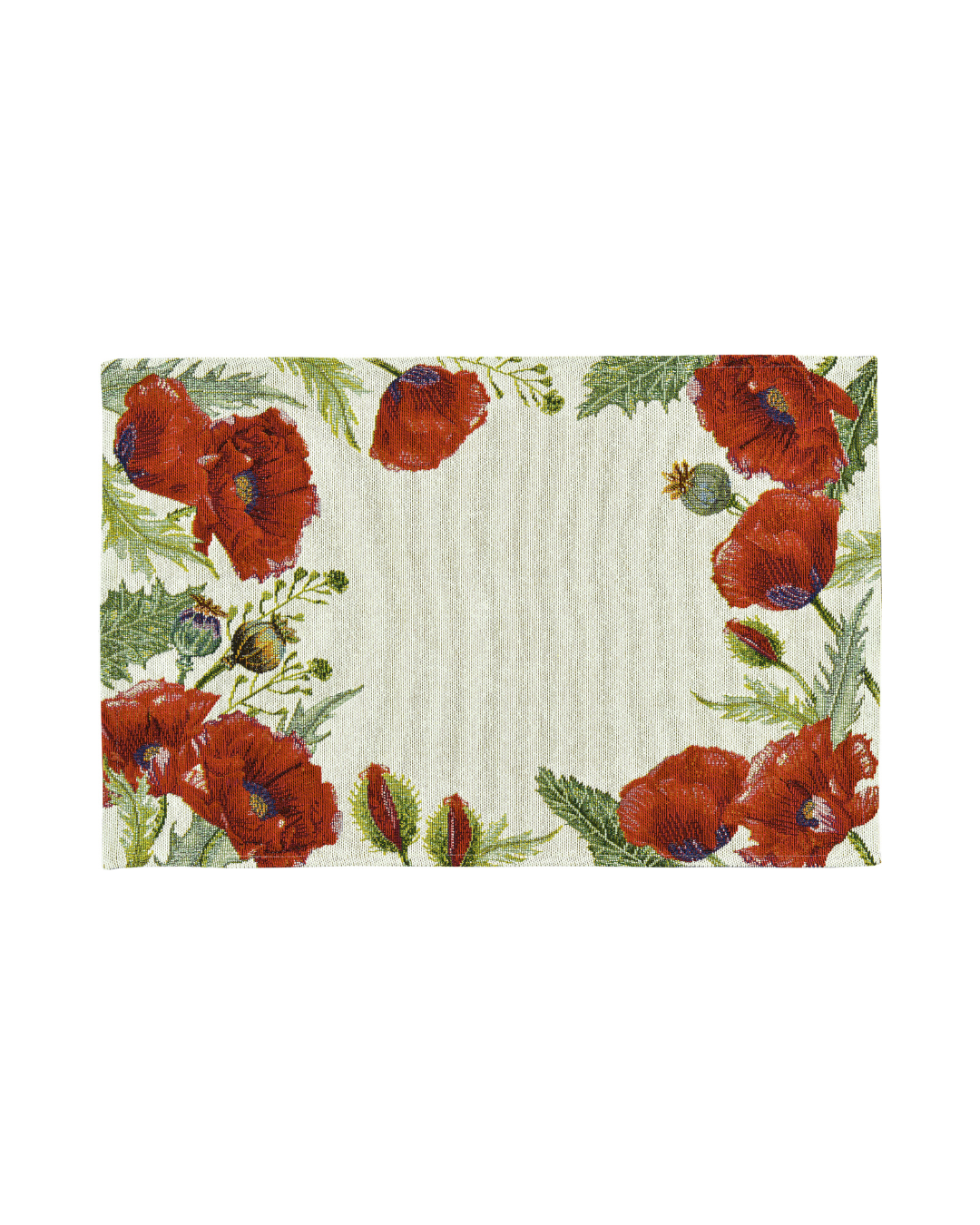 Mohnblumen Gobelin Tischset „Poppy Fields“ (32 x 48 cm) von Sander mit roten Mohnblüten, Knospen und grünen Blättern auf hellem Grund. Das Set liegt auf weißem Hintergrund und zeigt das detaillierte, handwerkliche Design.