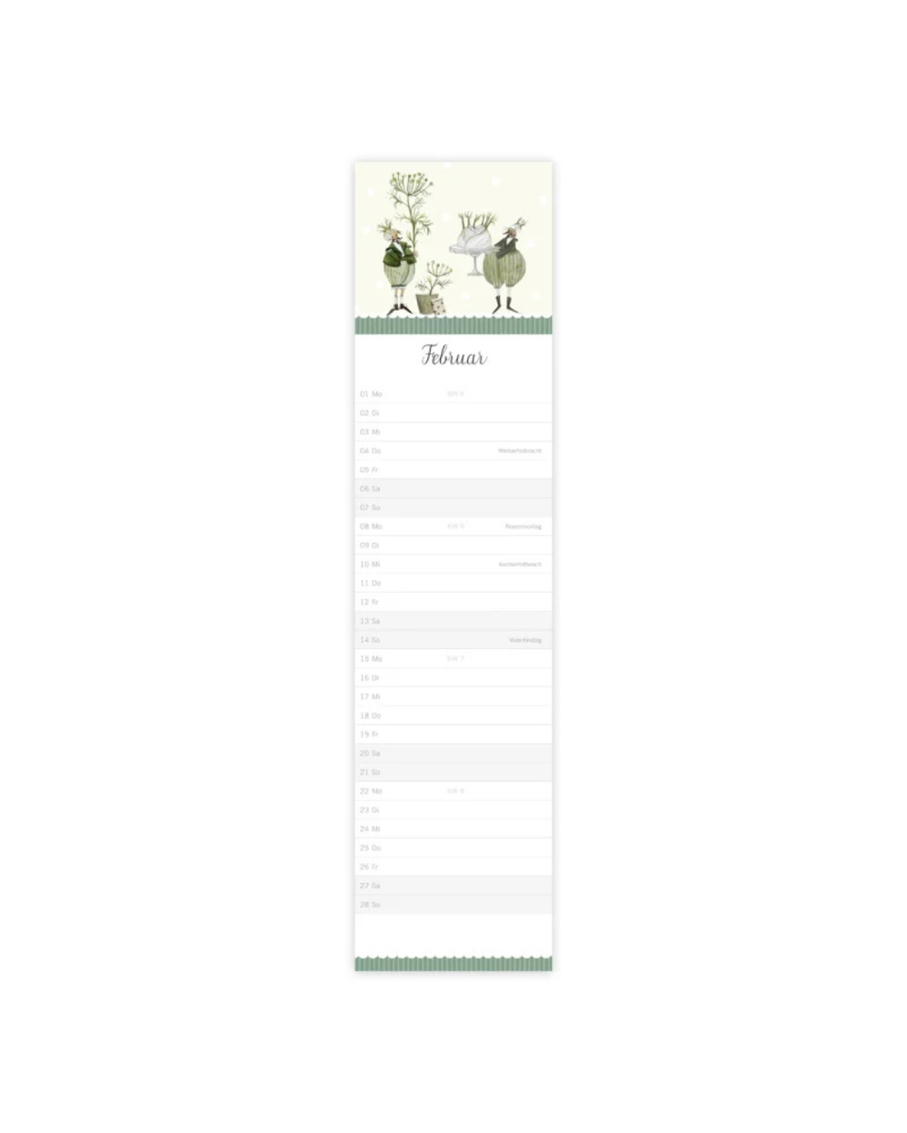 Monatskalender 2027 "Kräutergarten" von Grätz Verlag vor weißen Hintergrund. Der Kalender ist auf der Seite Februar.