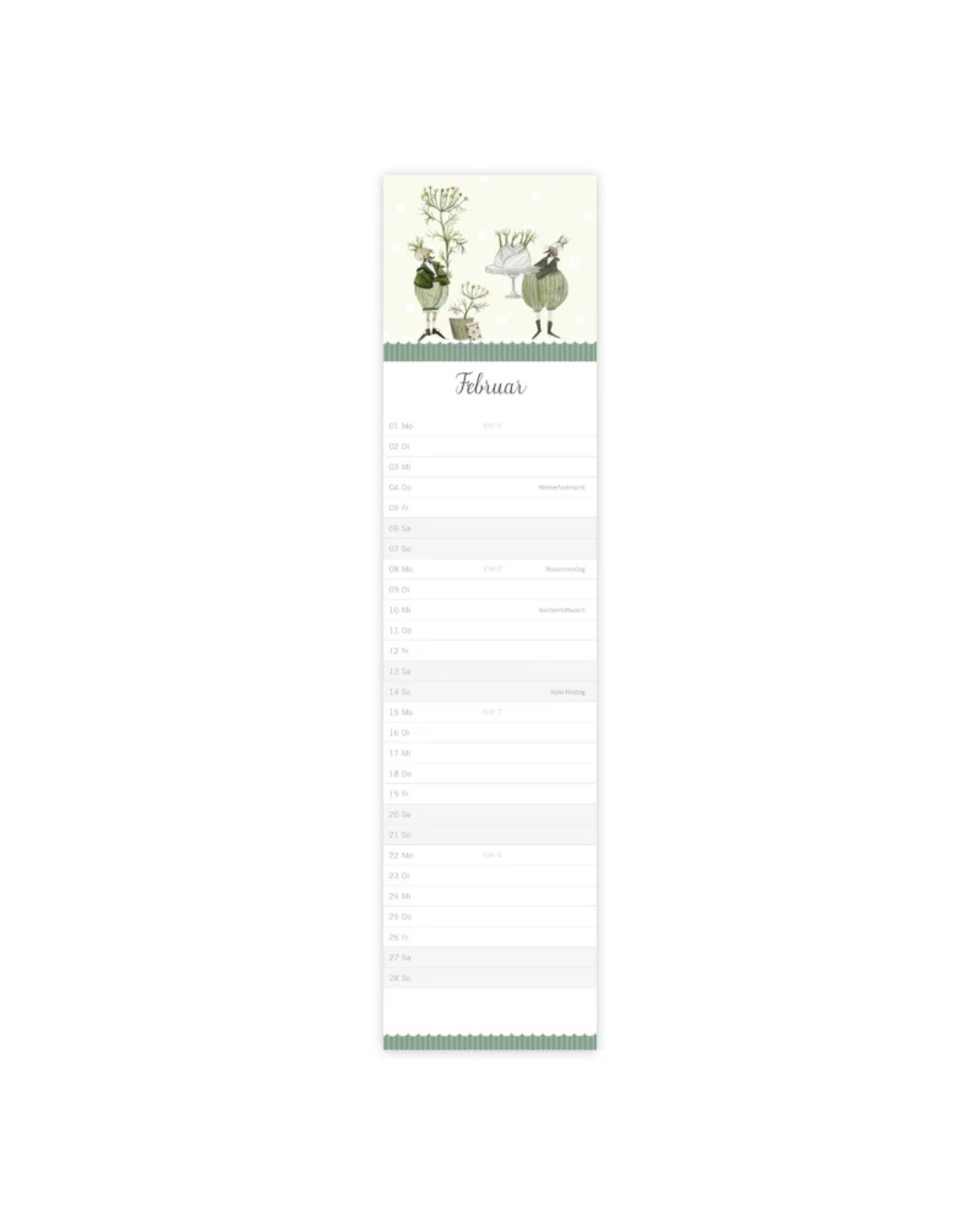 Monatskalender 2027 "Kräutergarten" von Grätz Verlag vor weißen Hintergrund. Der Kalender ist auf der Seite Februar.