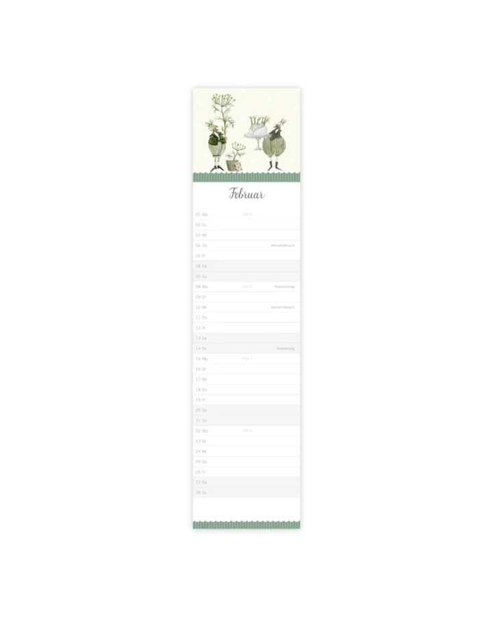 Monatskalender 2027 "Kräutergarten" von Grätz Verlag vor weißen Hintergrund. Der Kalender ist auf der Seite Februar.