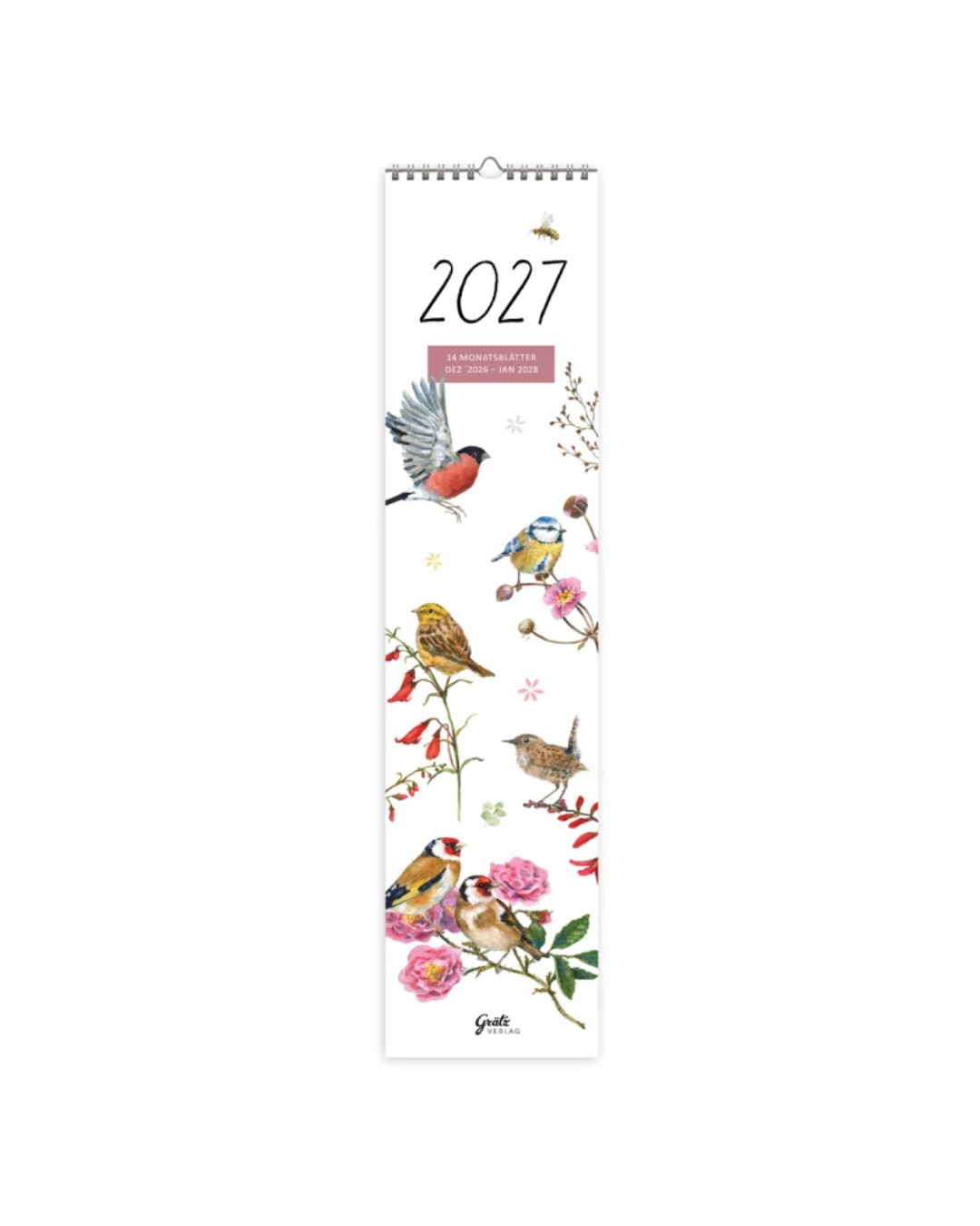 Zu sehen ist das Deckblatt des Monatsplaners 2027 "Zeit für Harmonie vom Grätz Verlag. Illustriert von Daniela Drescher sind sechs verschiedene Singvögel im Flug und auf bunten Blütenzweigen und Ästen sitzend dargestellt. 