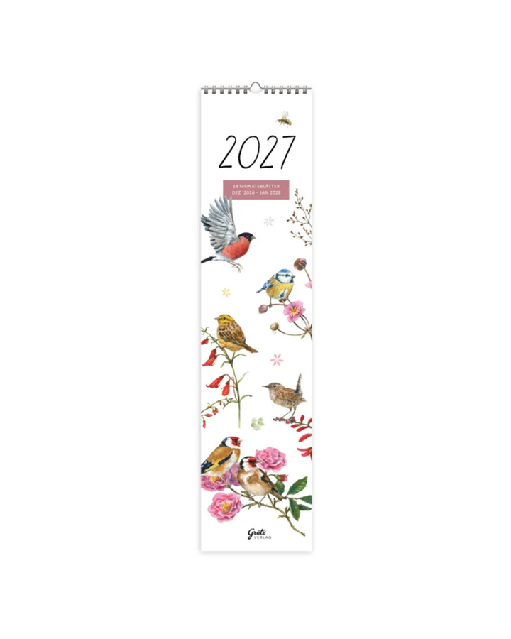 Zu sehen ist das Deckblatt des Monatsplaners 2027 "Zeit für Harmonie vom Grätz Verlag. Illustriert von Daniela Drescher sind sechs verschiedene Singvögel im Flug und auf bunten Blütenzweigen und Ästen sitzend dargestellt. 