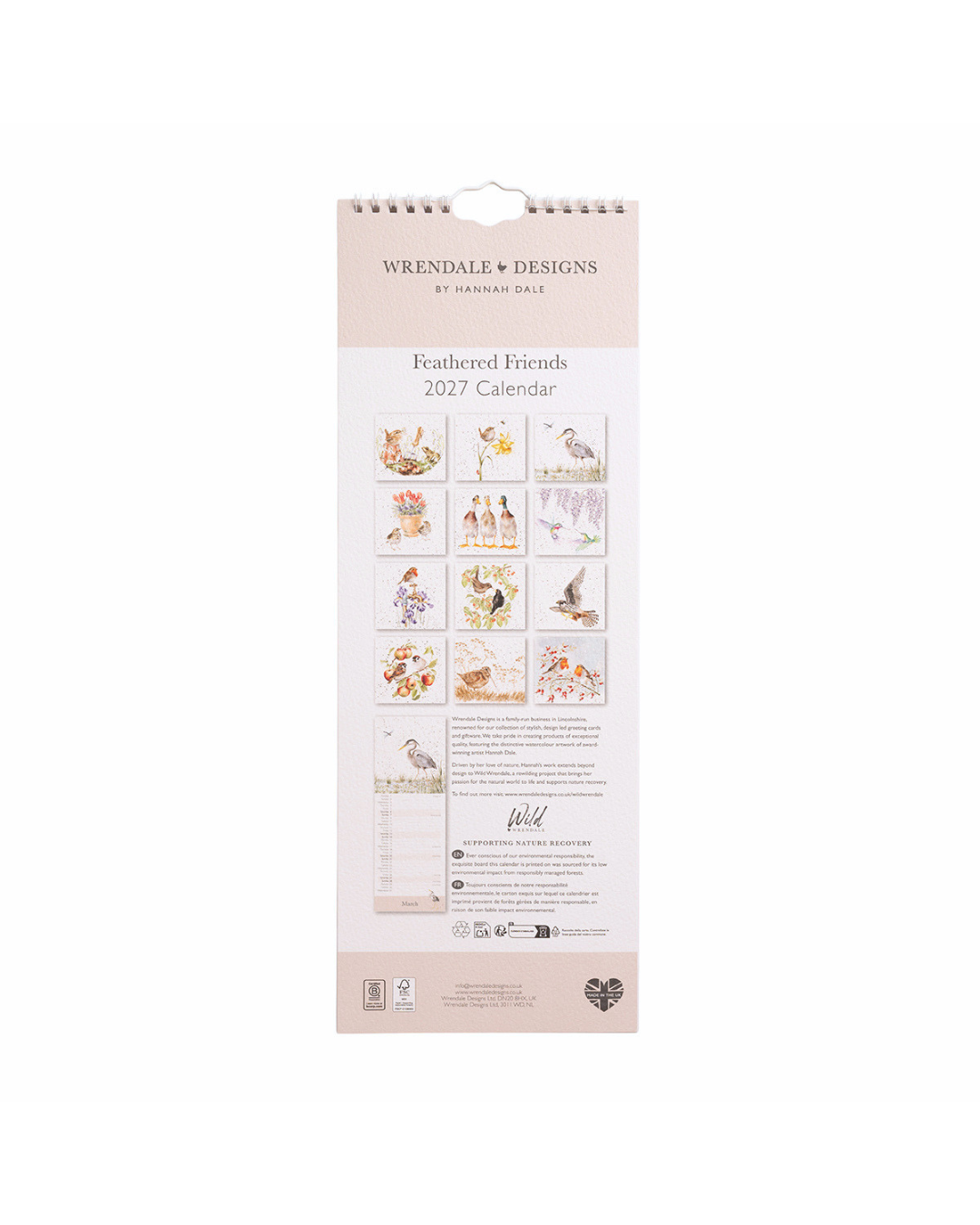 Vogel Streifenkalender 2027 "Feathered Friends" von Wrendale Designs