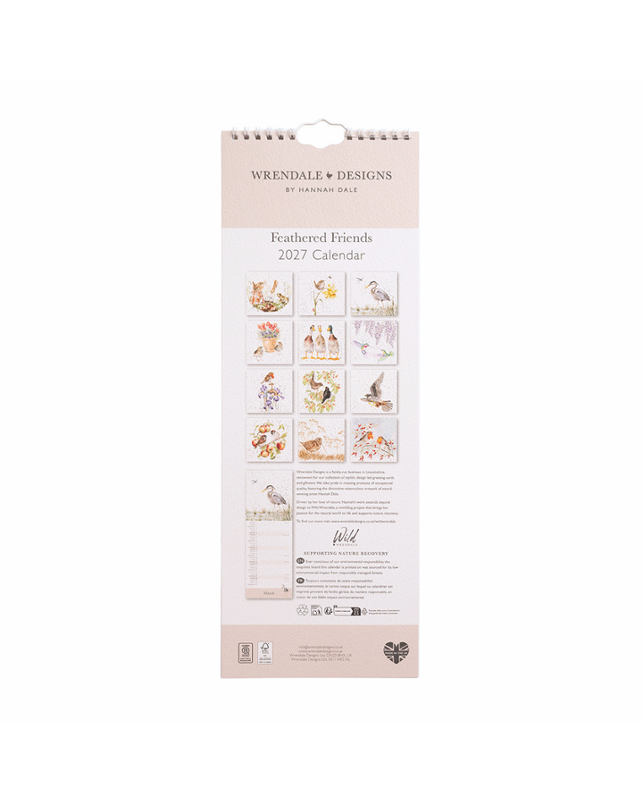 Vogel Streifenkalender 2027 "Feathered Friends" von Wrendale Designs