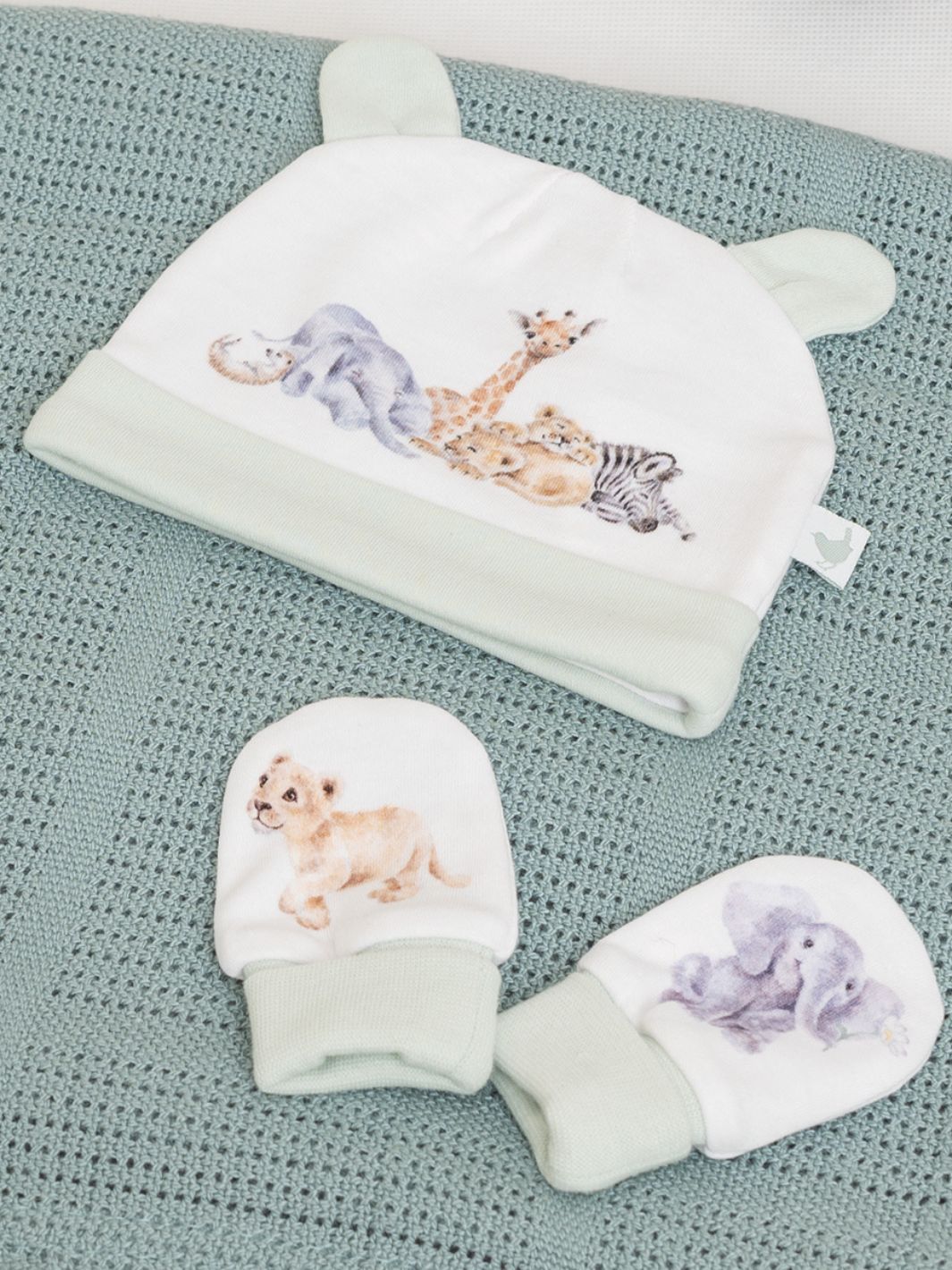 Afrika Tiere Baby-Geschenkset Mütze und Handschuhe