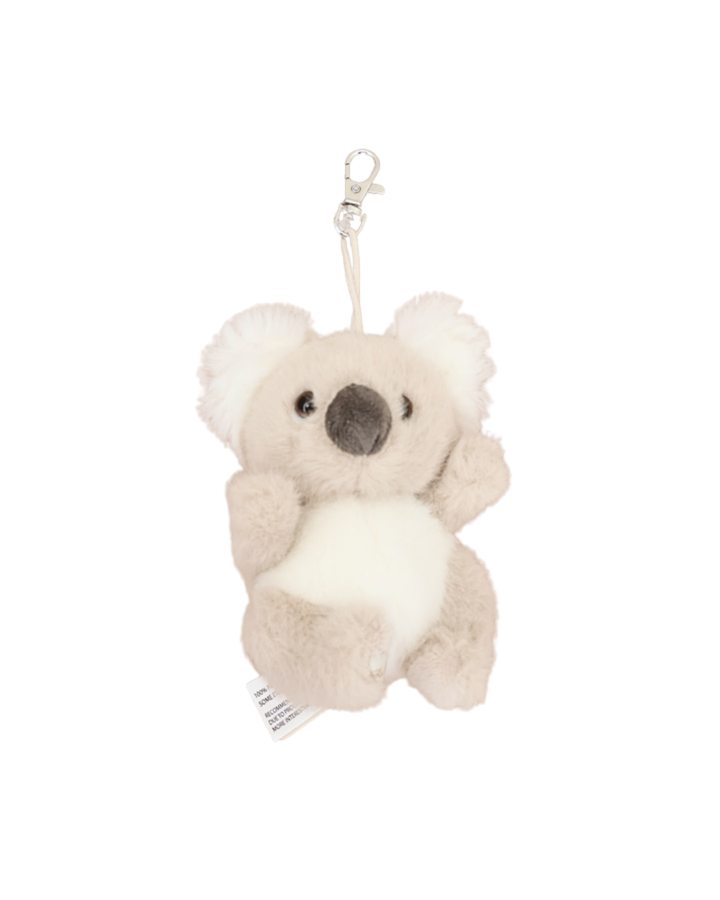 Nahaufnahme des Baby-Koala Schlüsselanhängers von Bukowski, der an einem silbernen Karabiner hängt. Das Fell ist cremefarben mit Hellen Ohren.