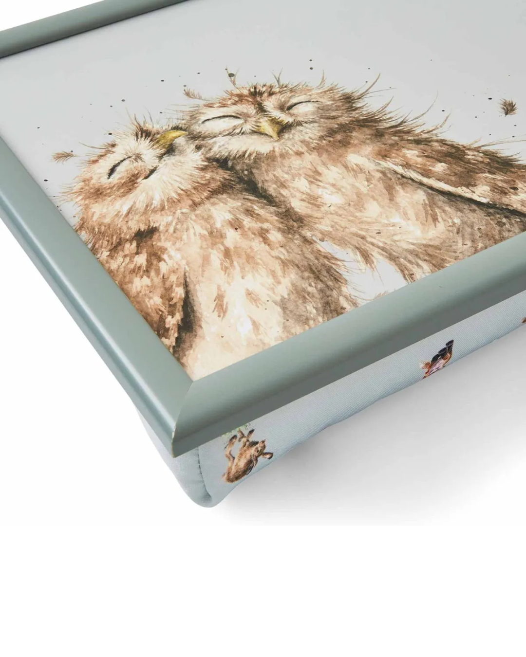 Wrendale Designs Knietablett mit Eulenmotiv auf graublauem Rahmen, frontal