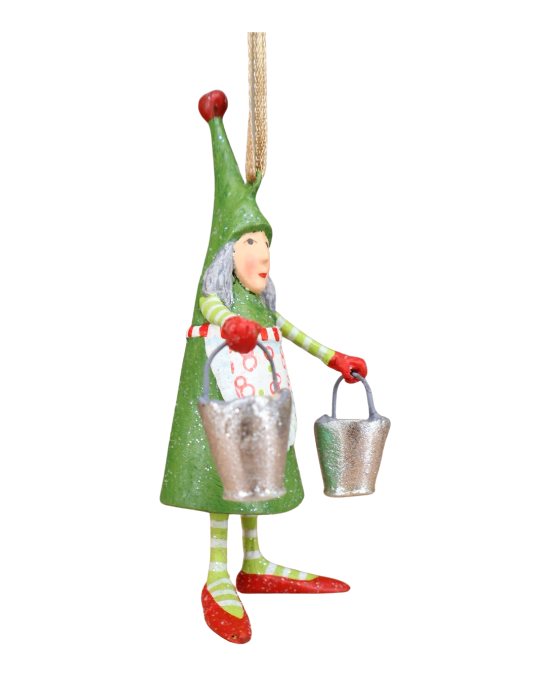 Tannenbaum Krinkle Mini Maid A Milking von Patience Brewster – Rückseitige Seitenansicht der Figur mit grünem Kleid und rot-grünen Streifen