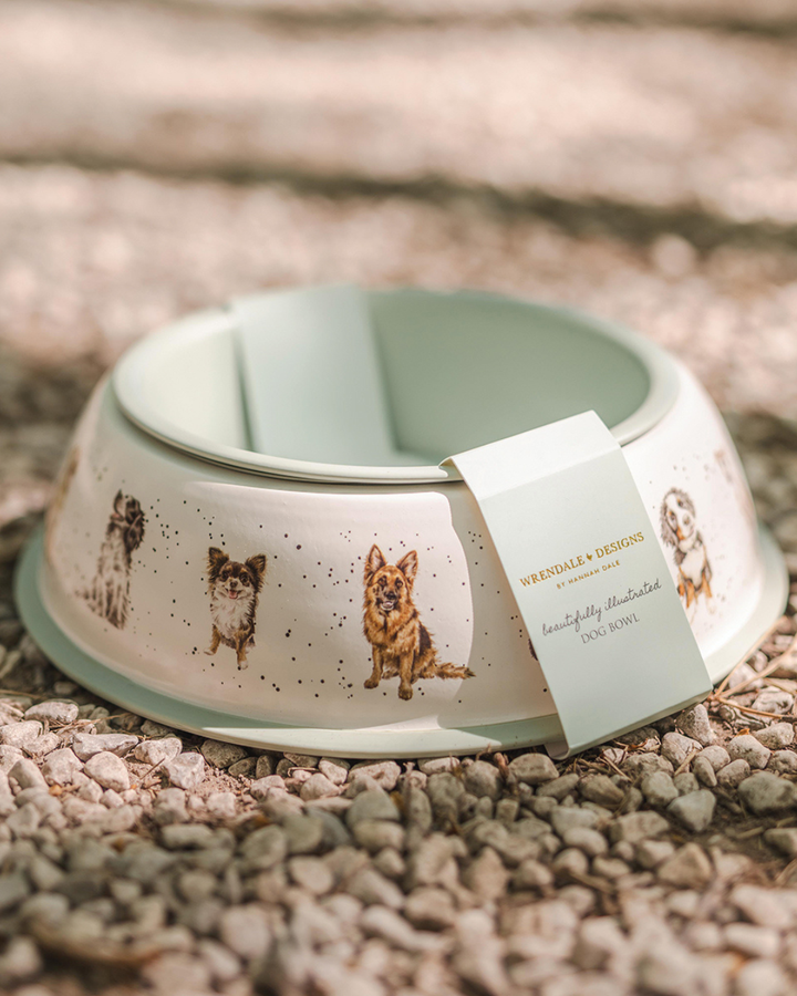 Verpackter Hundnapf von Wrendale Designs mit Hundemotiven. Das Etikett zeigt die Aufschrift „beautifully illustrated DOG BOWL“.