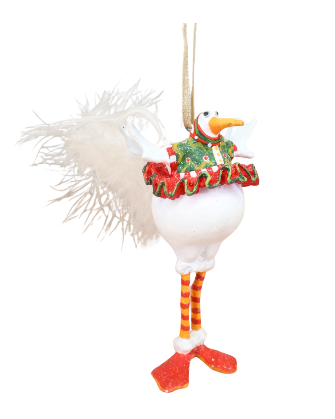 „Mini Snowbird Bernice seitliche Ansicht – Schneevogel mit langem orangen Schnabel, farbigem Rüschenkragen und weißem Federschwanz.“