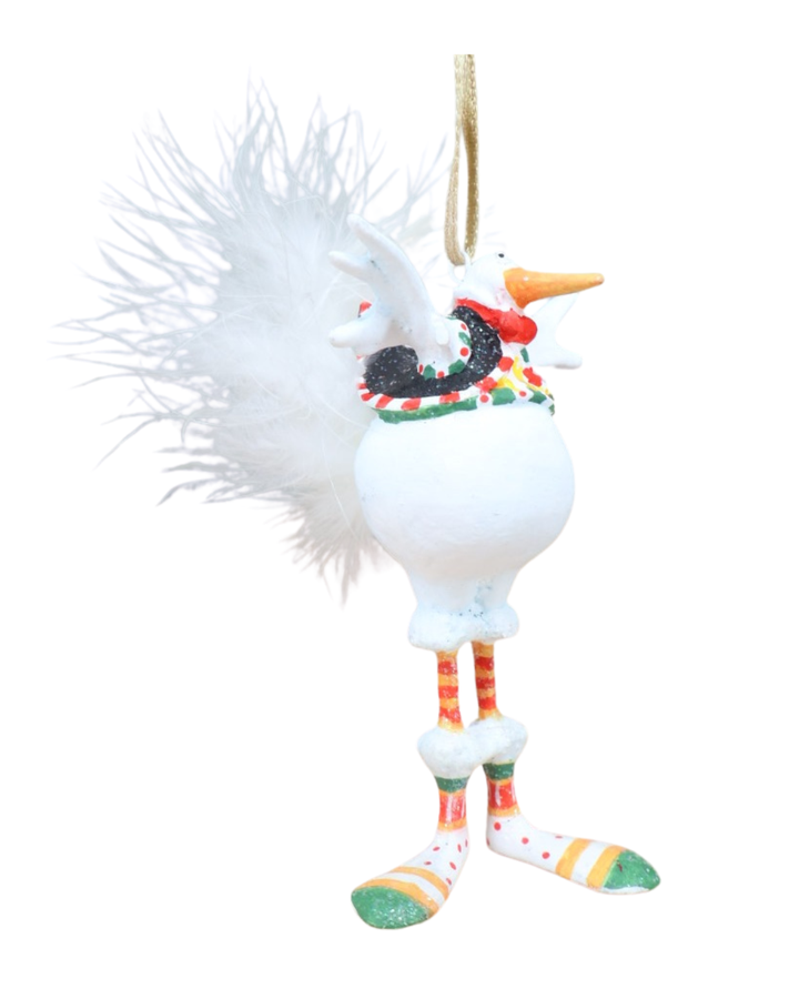 „Mini Snowbird Bernie seitlich – Schneevogel mit orangefarbenem Schnabel, schwarzem Kragen mit roten Akzenten und flauschigem Federschwanz.“