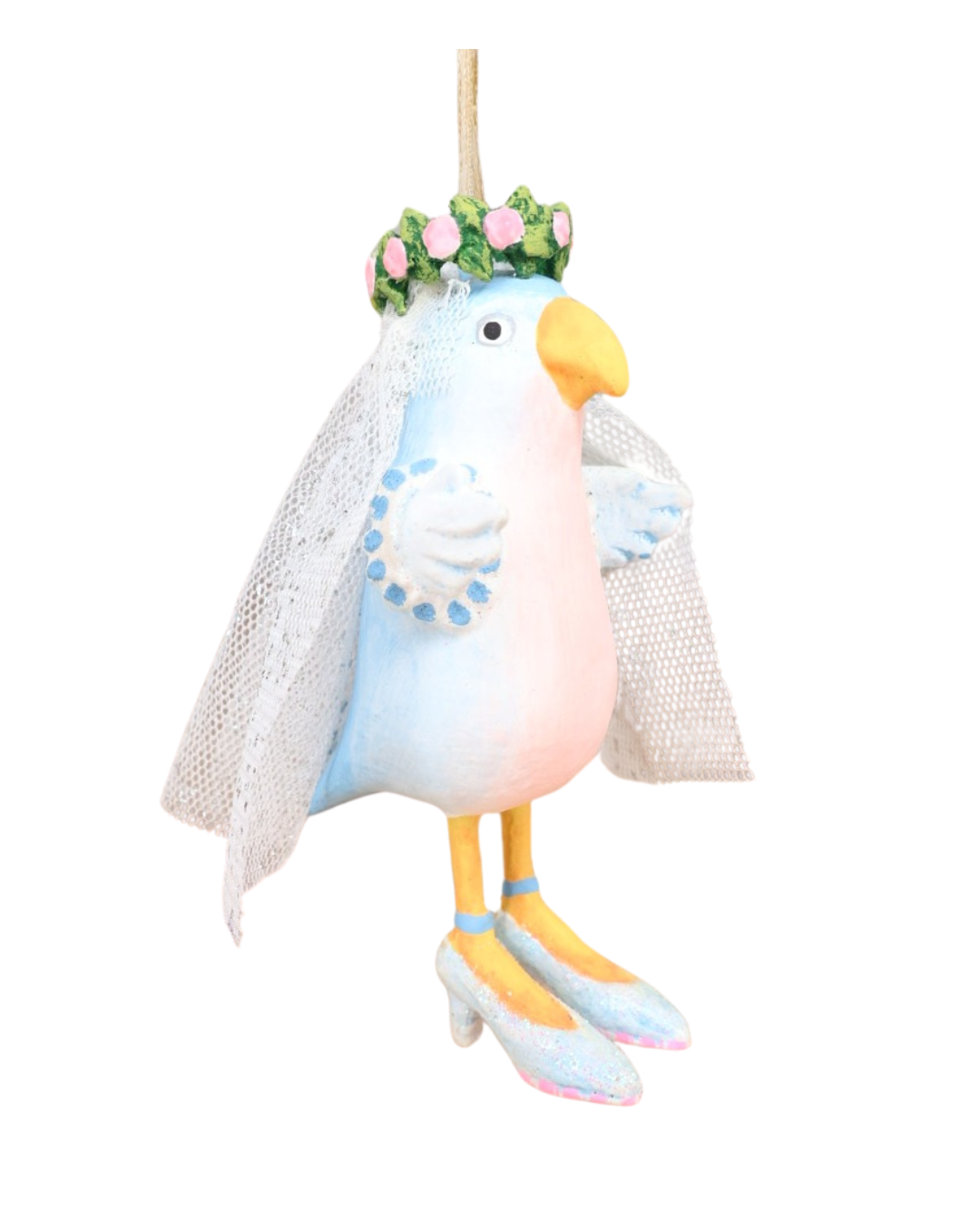 „Handbemalte Love Bird Bride – Vogelbraut mit Schleier und blauen Akzenten.“