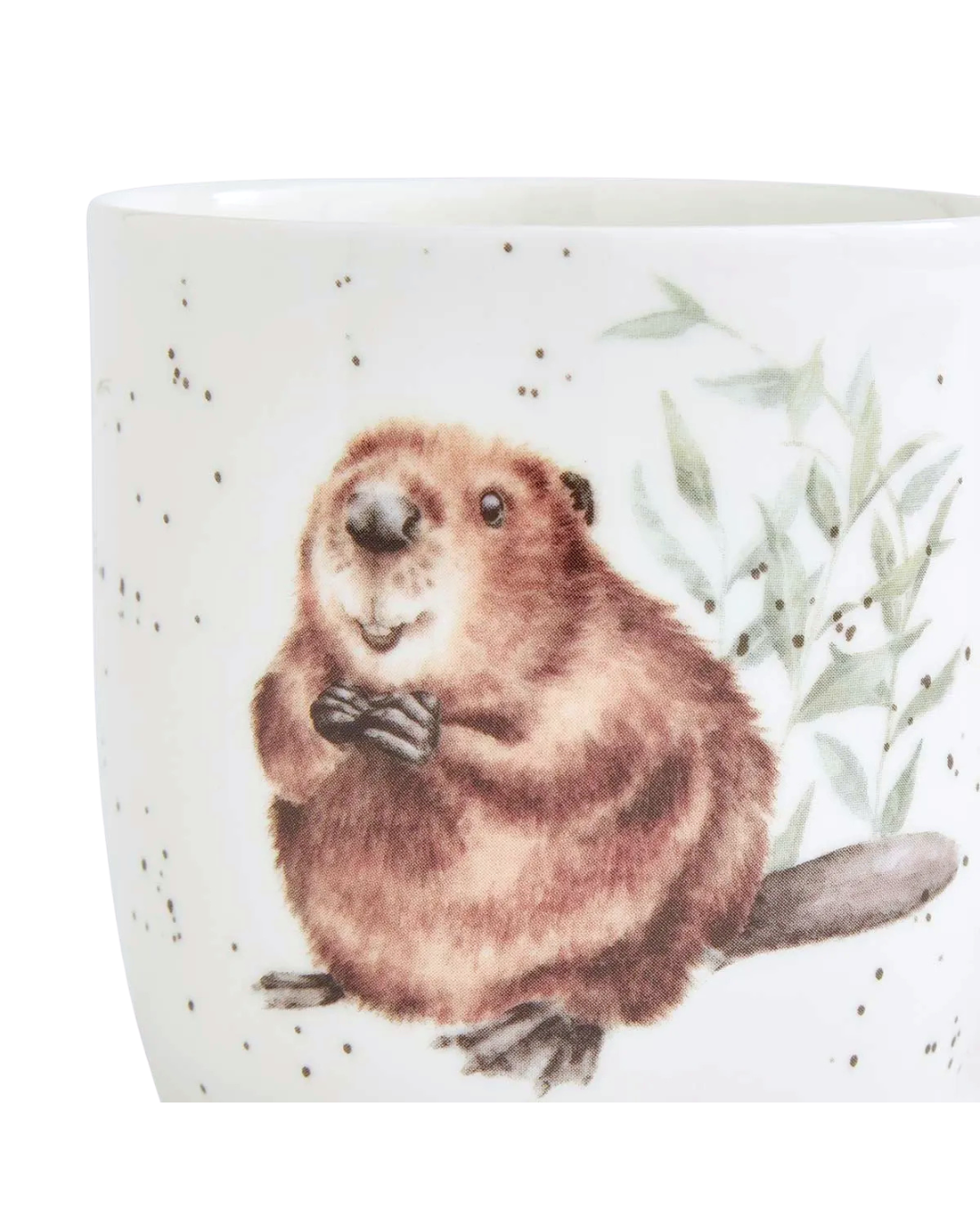 Nahaufnahme der Biber Tasse von Wrendale Designs vor weißen Hintergrund. Zu sehen ist ein niedlicher glücklicher Biber. Hinter dem Biber sind hellgrüne Blasse Pflanzen zu sehen.