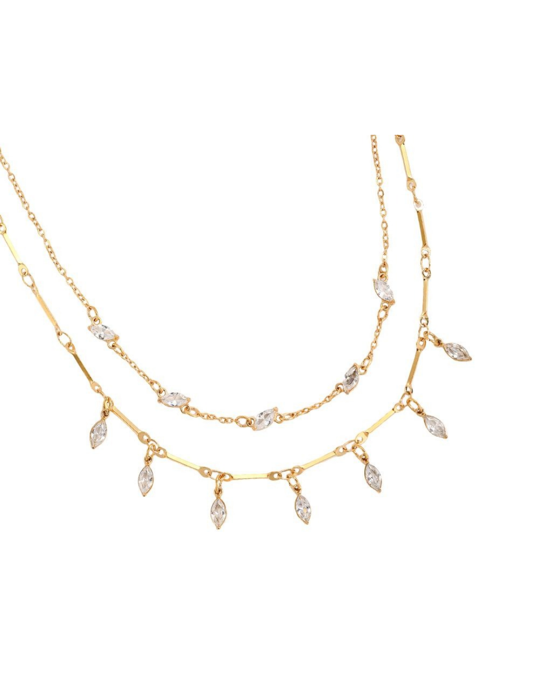Nahaufnahme der goldenen Doppellagigen Kette von Dottilove mit weißen Steinen. Die Kette ist größtenteils Gold mit weißen ovalen Steinen.
