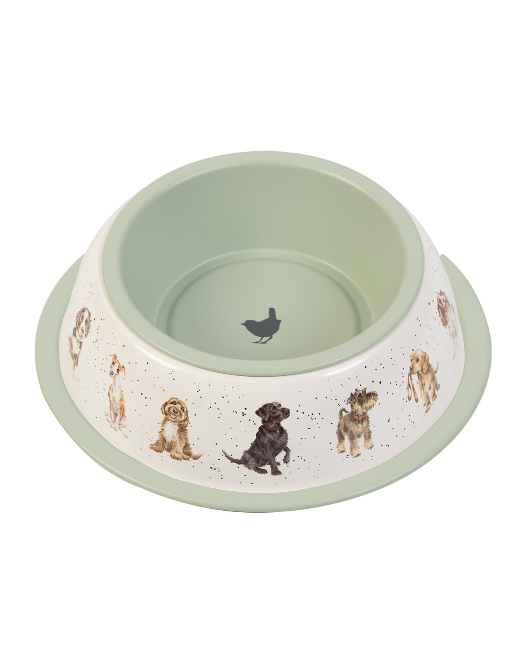Hundnapf von Wrendale Designs mit Hundemotiven und grüner Außenfarbe. Der Napf ist von oben fotografiert.