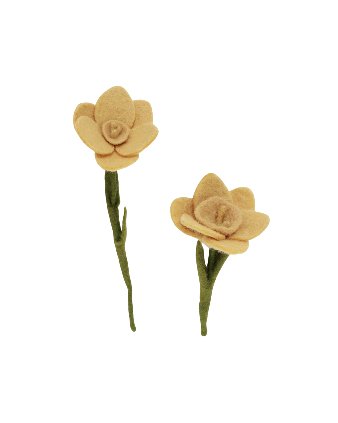 Zwei Filzblumen „Narzisse“ von Gry & Sif in Gelb, eine groß und eine klein, nebeneinander vor weißem Hintergrund.