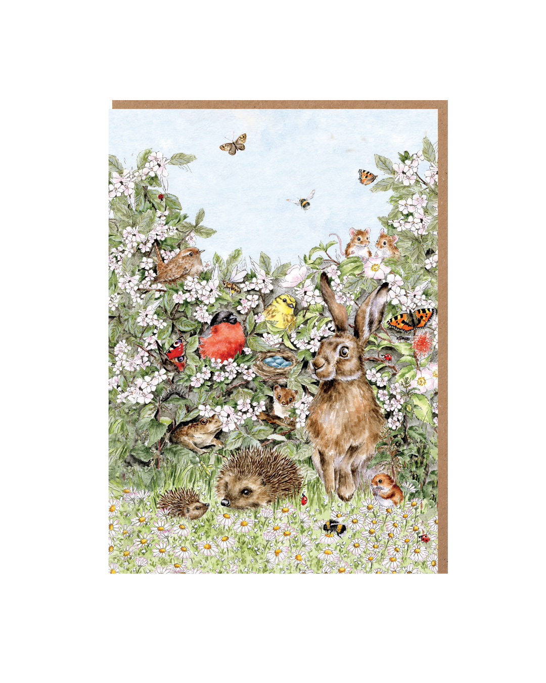 Wrendale Designs „Hedgerow“ Grußkarte mit detailreicher Hecken- und Gartenszene und verschiedenen Tieren auf weißem Hintergrund.
