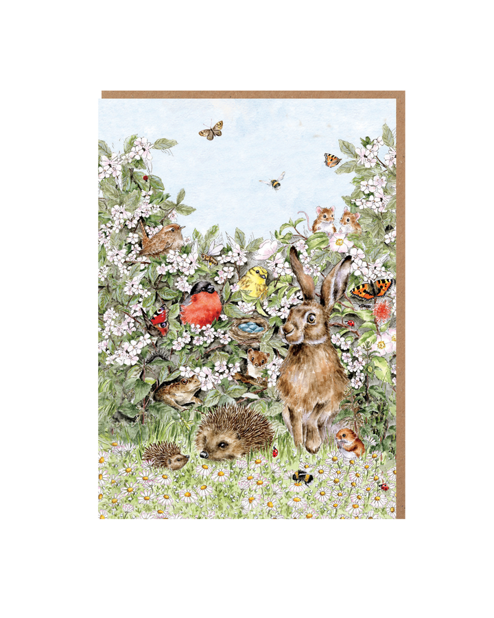 Wrendale Designs „Hedgerow“ Grußkarte mit detailreicher Hecken- und Gartenszene und verschiedenen Tieren auf weißem Hintergrund.