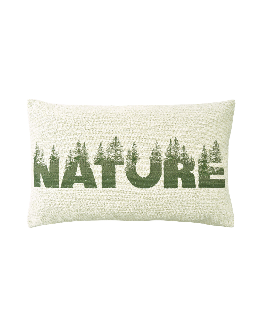 Dekorativer Kissenbezug Nature von Sander mit Schriftzug in Grün und Waldmotiv vor weißem Hintergrund.
