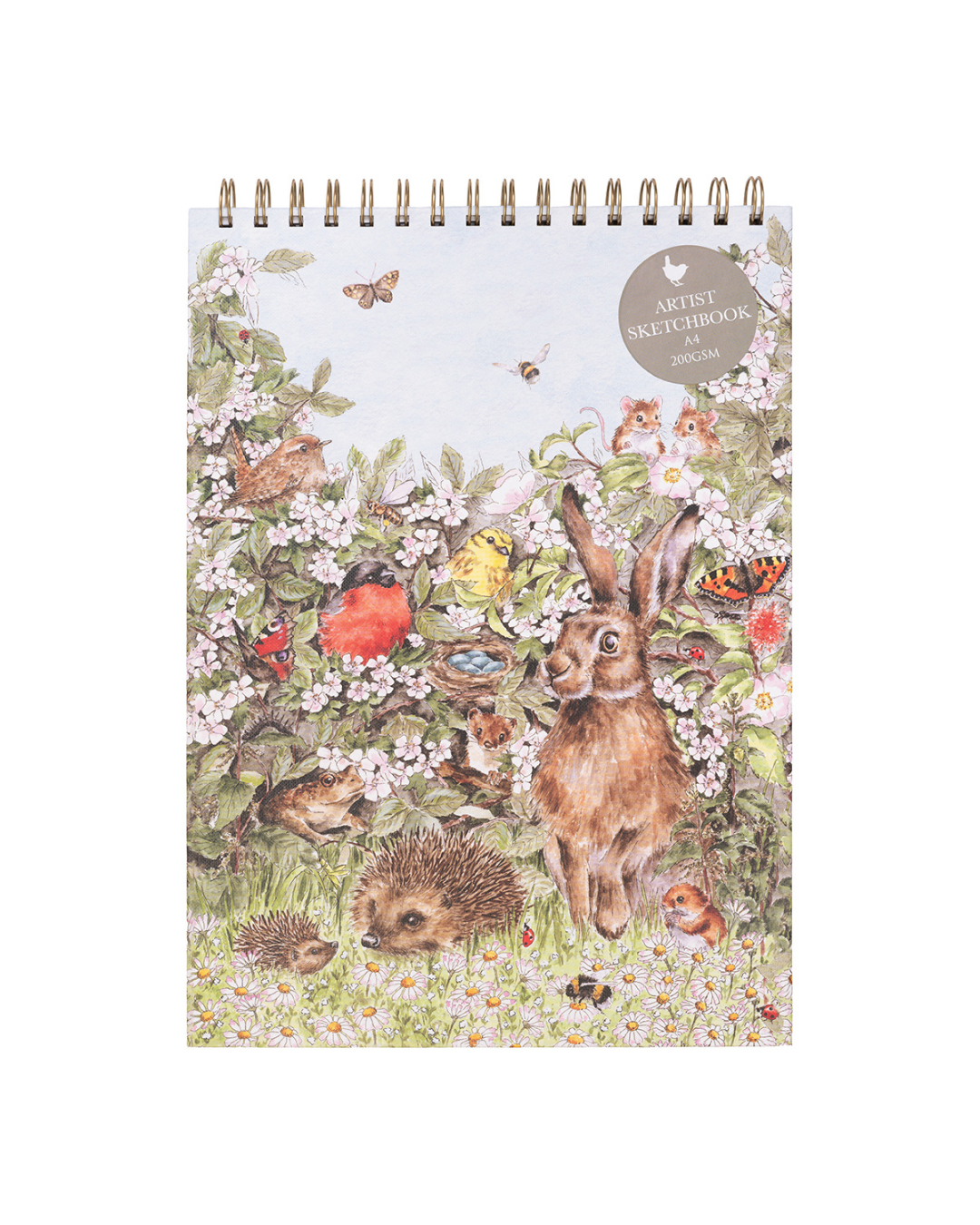 Vorderansicht des Skizzenbuchs A4 „Hedgerow“ von Wrendale Designs mit Spiralbindung und großem Naturmotiv.