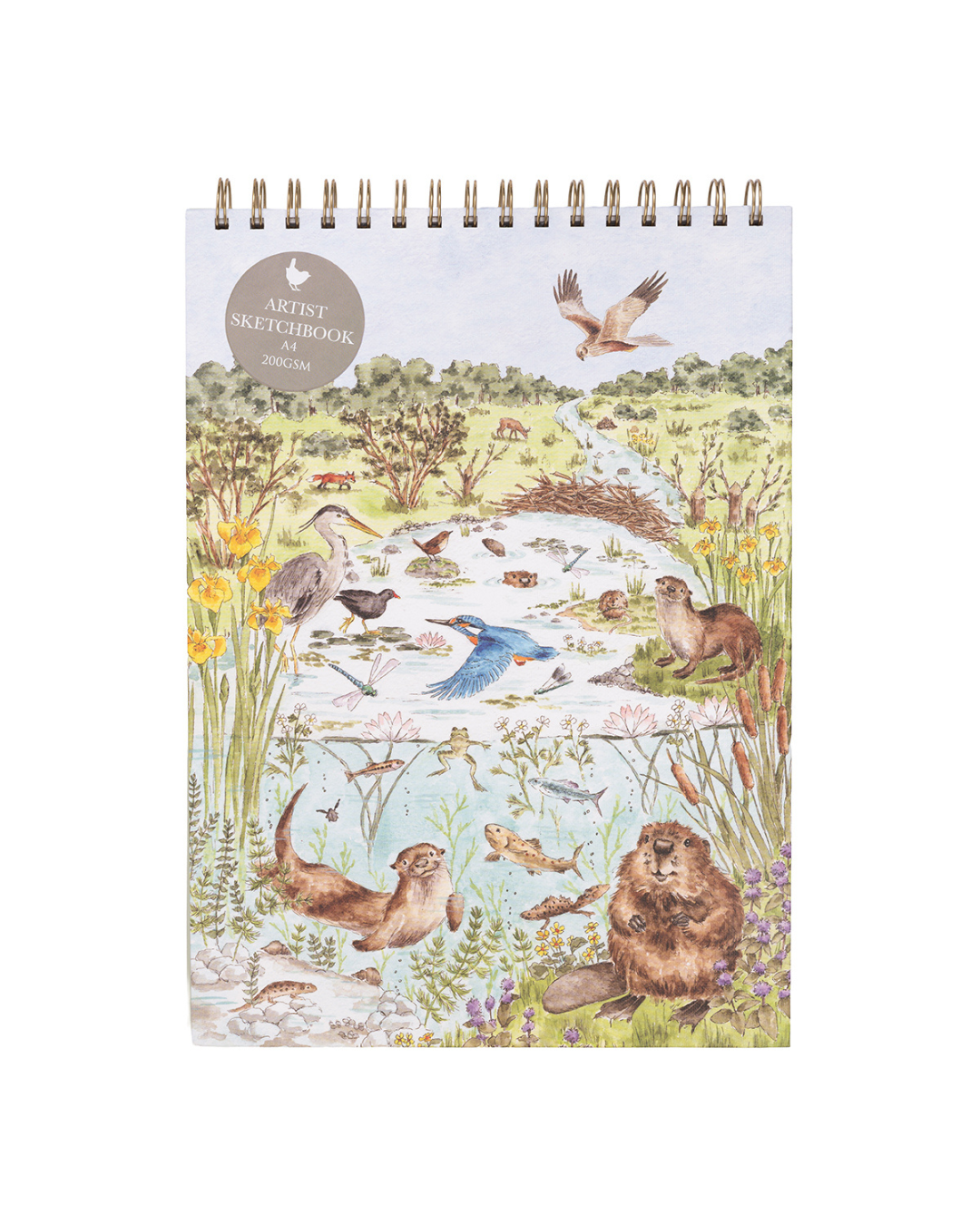 Wrendale Designs Skizzenbuch Riverbank A4 mit illustrierter Flusslandschaft und vielen Tieren auf dem Cover
