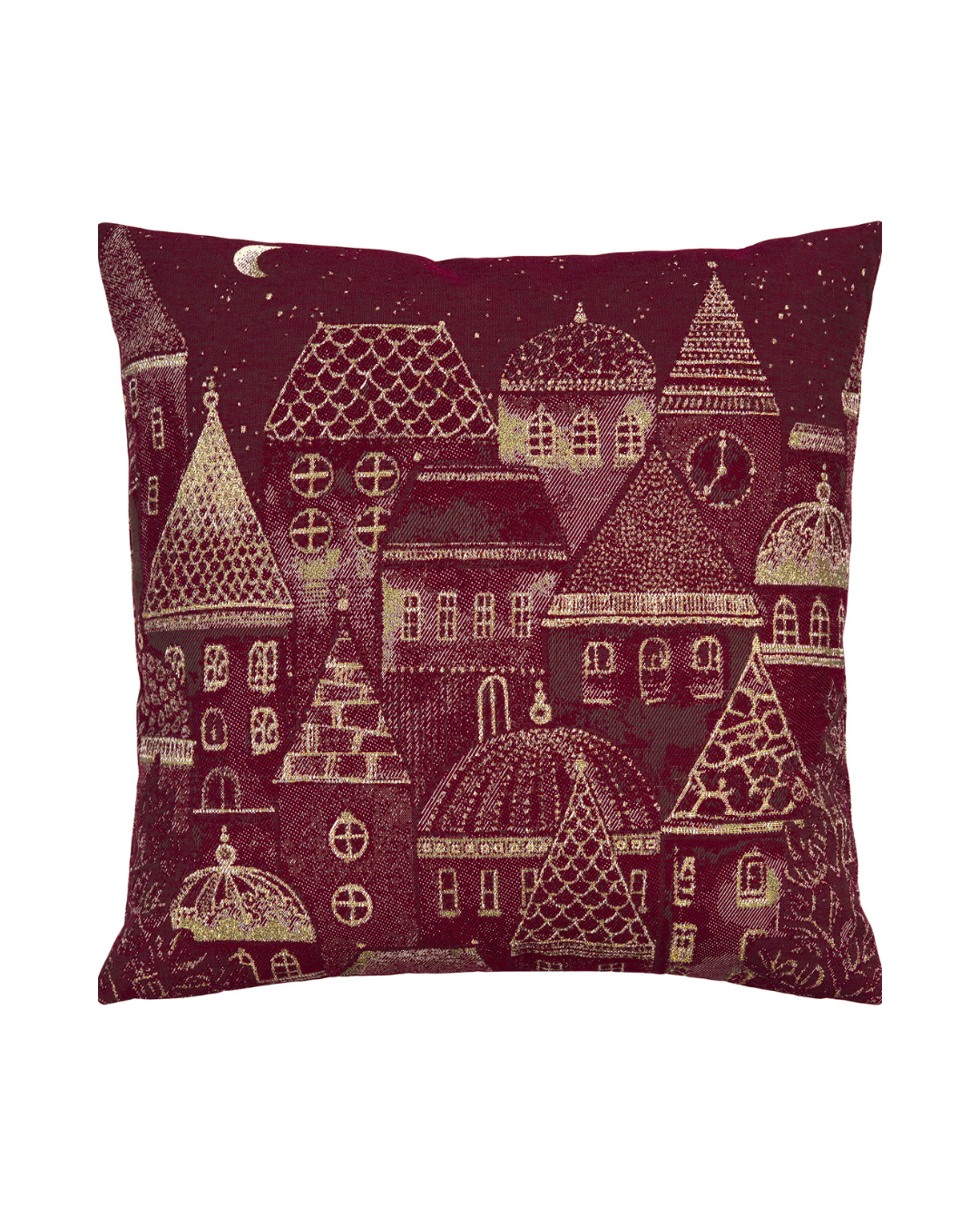 Notte Santa Kissenbezug von Sander in Berry mit gold akzentuierter Stadtkulisse.