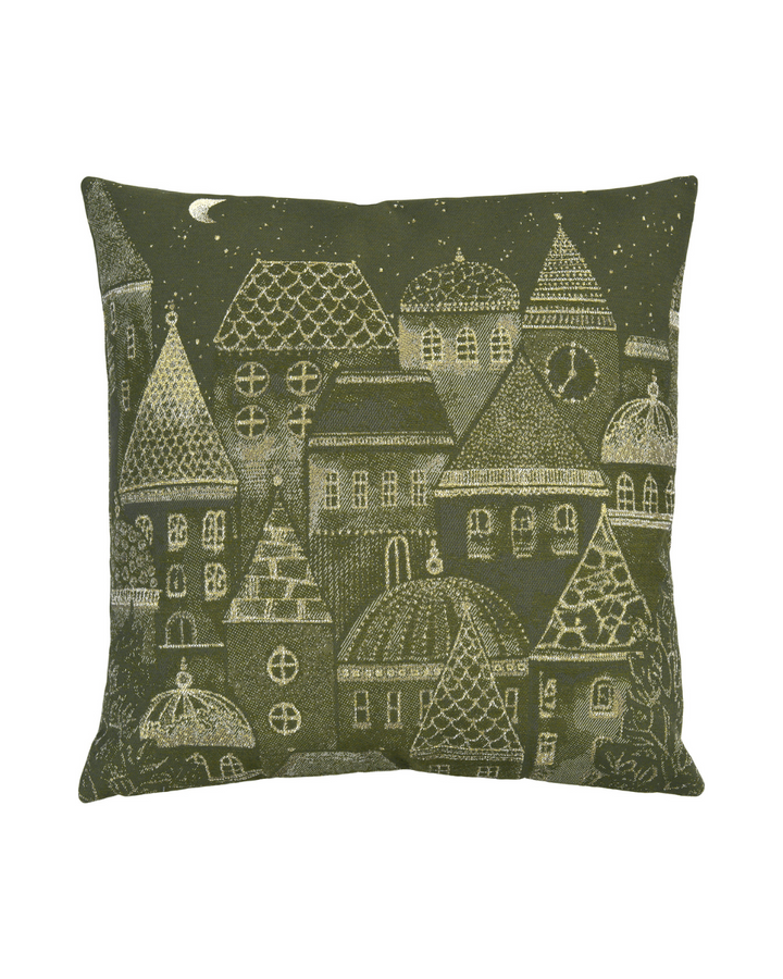 Notte Santa Kissenbezug von Sander in Olive mit märchenhafter Stadt und Goldakzenten.