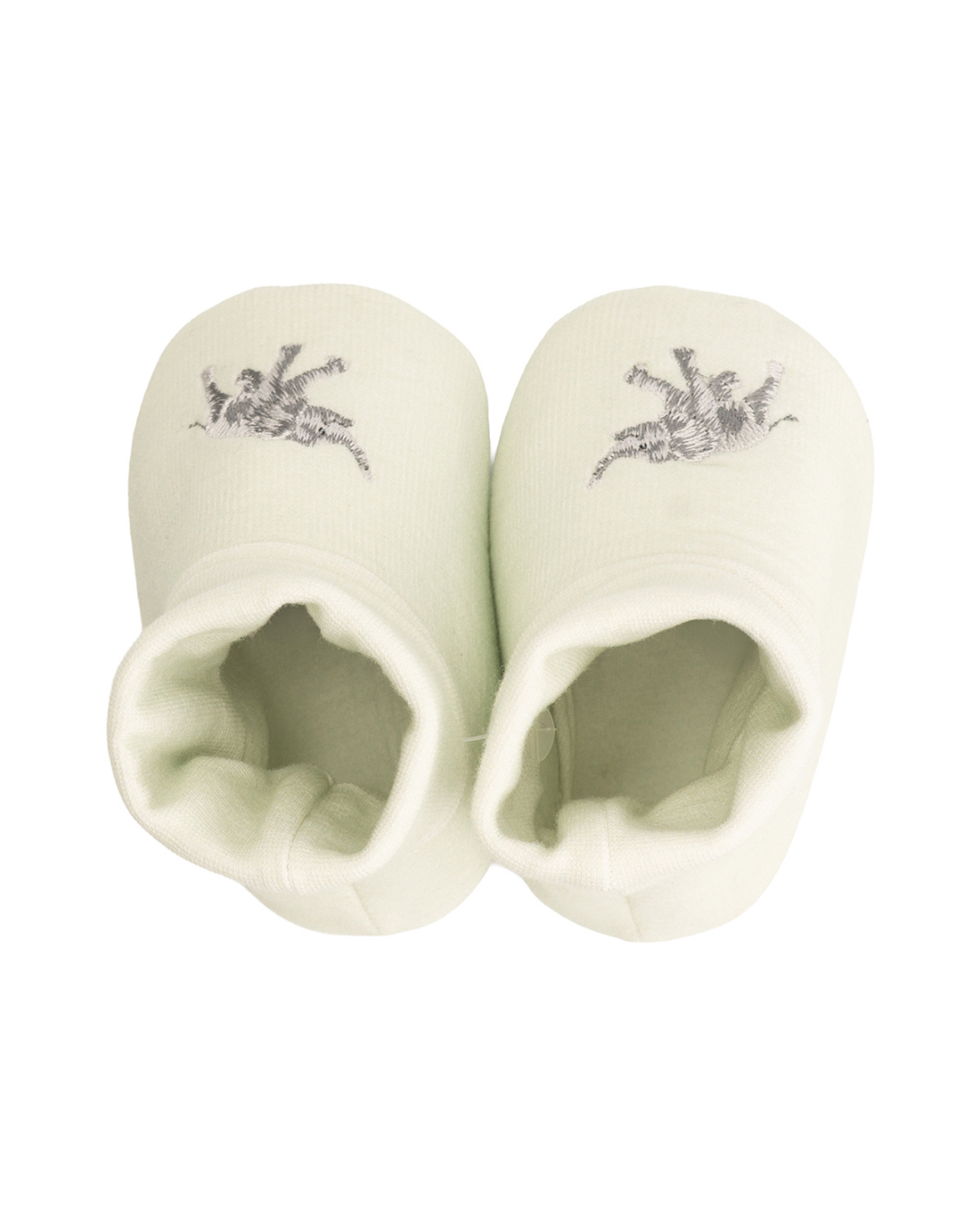 Obenansicht der Elefanten Babyschuhe „Little Savannah“ von Wrendale Designs mit Blick in die weiche Schuhöffnung.