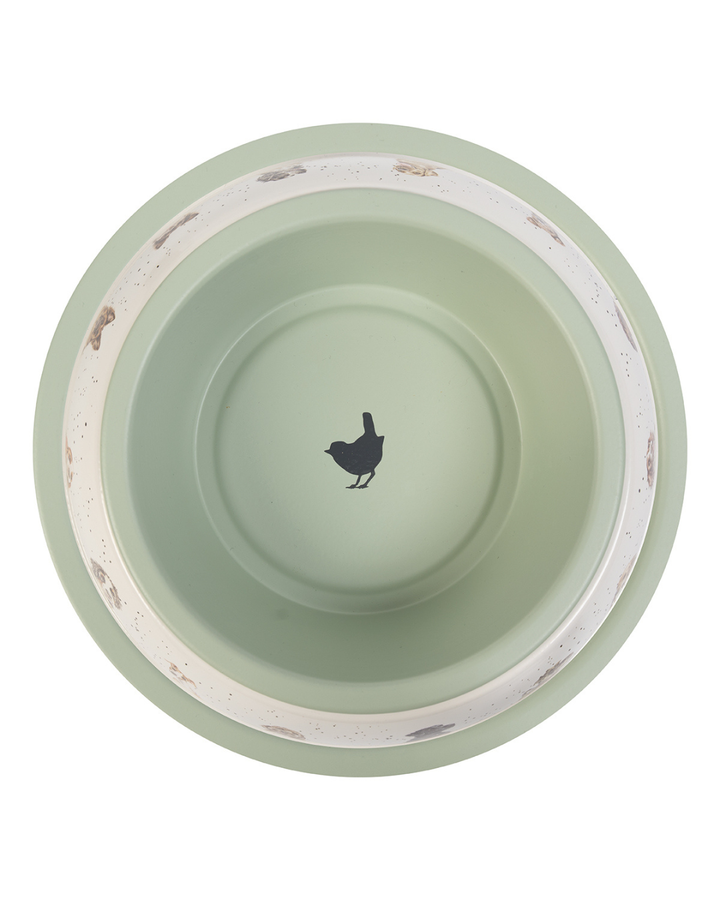 Hundnapf von Wrendale Designs mit Hundemotiven, von oben fotografiert. Im Inneren ist eine Vogel-Silhouette zu sehen.
