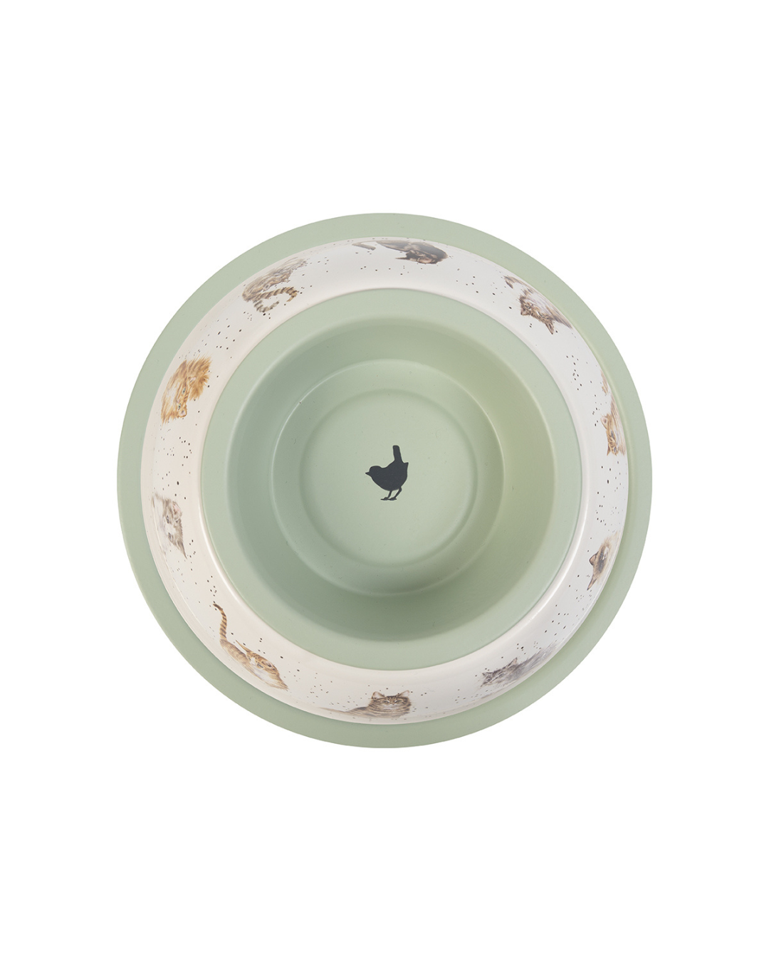Katzennapf von Wrendale Designs mit Katzenmotiven, von oben fotografiert. Im Inneren ist eine Vogel-Silhouette zu sehen.