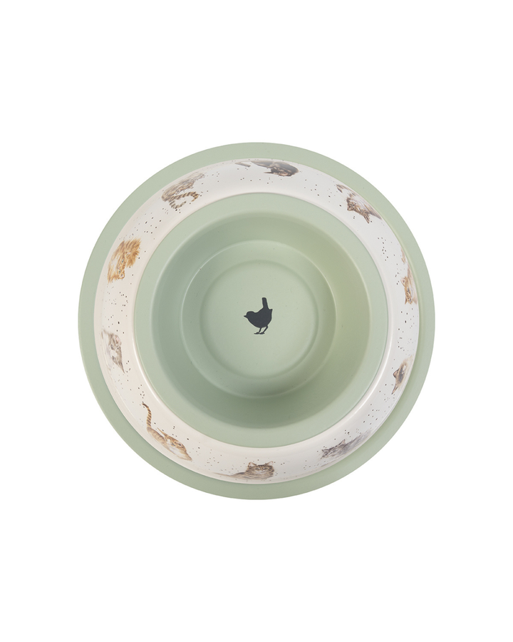 Katzennapf von Wrendale Designs mit Katzenmotiven, von oben fotografiert. Im Inneren ist eine Vogel-Silhouette zu sehen.