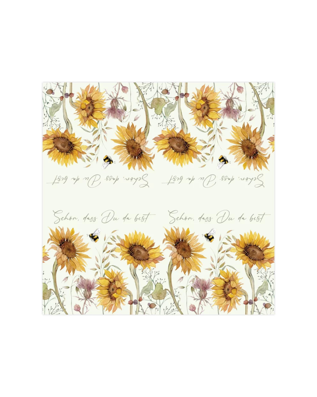 Die ausgebreiteten Cocktailservietten „Sonnenblumen“ vom Grätz Verlag. Das Muster zeigt Sonnenblumen, Bienen und den Spruch „Schön, dass Du da bist“ im Repeat.