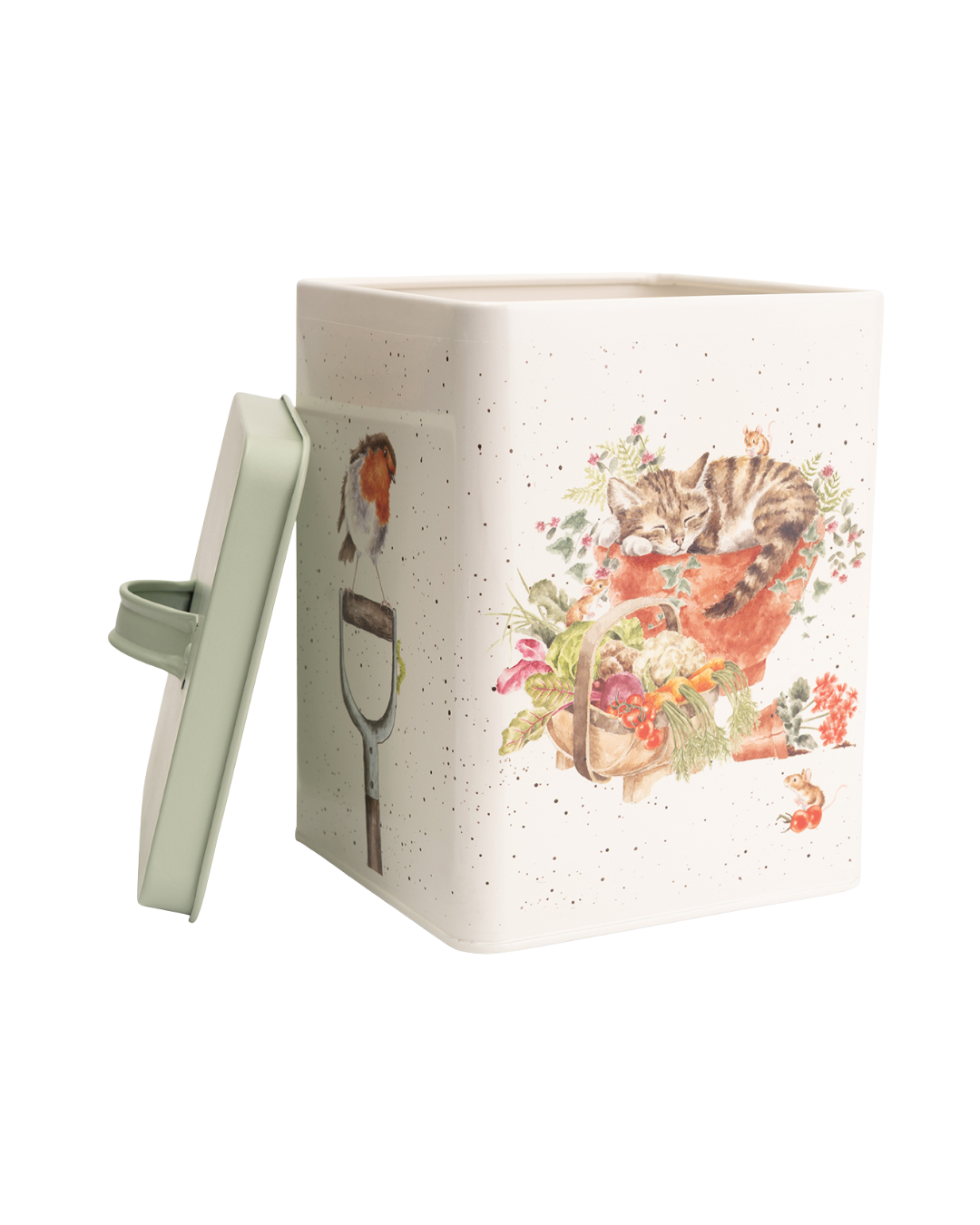 Seitliche Ansicht der offenen Garten Vorratsdose von Wrendale Designs mit Katzenillustration und abgenommenem Deckel
