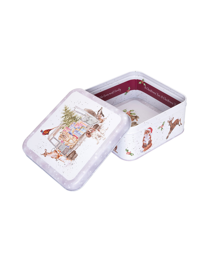 Geöffnete Winter Woodland Keksdose von Wrendale Designs mit Innenmotiv