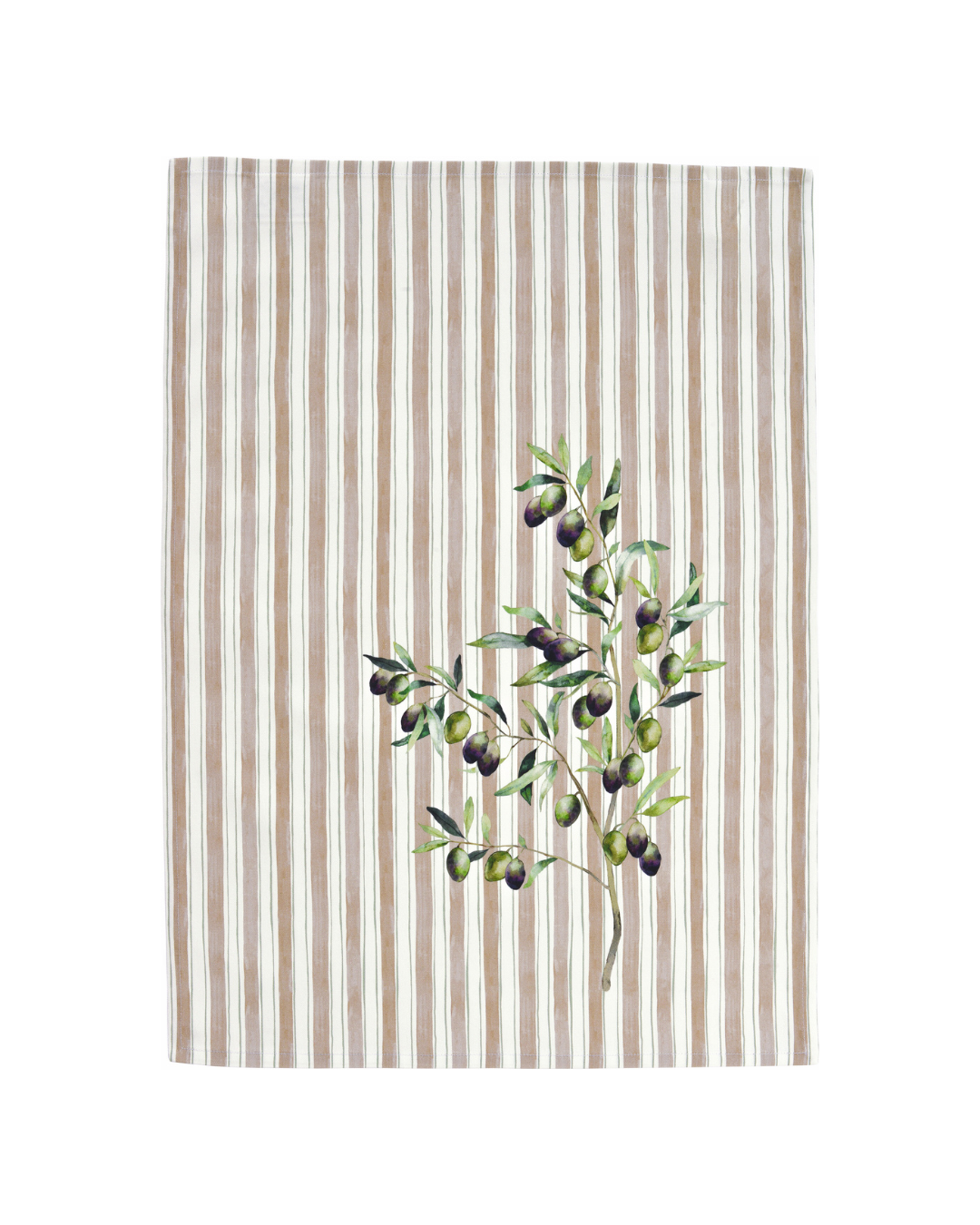 Oliven Geschirrtuch „Olives Kitchen“ von Sander mit grünen und violetten Oliven an einem Zweig auf beige-weiß gestreiftem Grund. Das Tuch hängt auf weißem Hintergrund und zeigt das detaillierte, handgezeichnete Motiv.