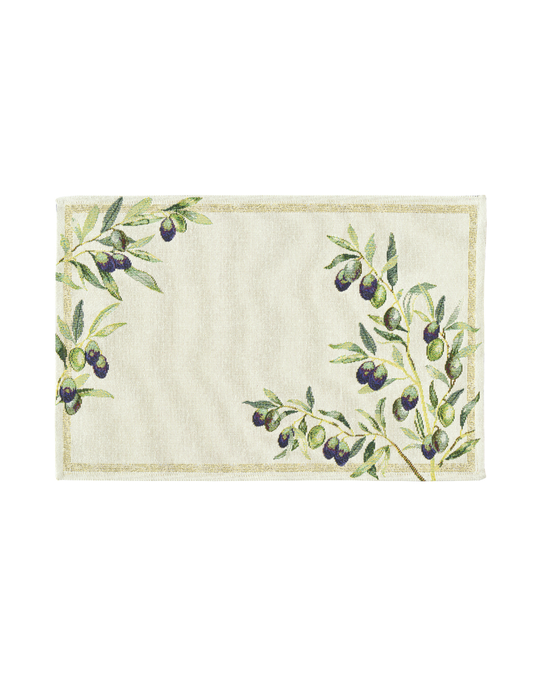 Oliven Gobelin Tischset „Olivastro“ (32 x 48 cm) von Sander mit grünen und violetten Oliven an Zweigen auf hellem Grund. Das Set liegt auf weißem Hintergrund und zeigt das detaillierte, handwerkliche Design.