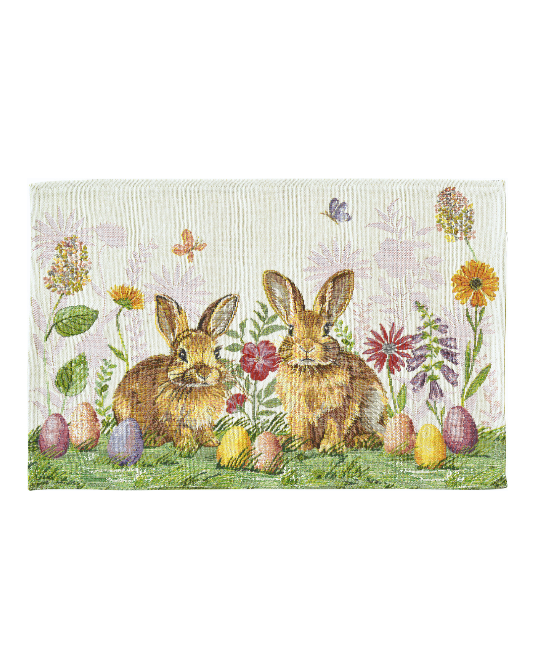 Osterhasen Tischset „Two Bunnies“ von Sander mit zwei Hasen, bunten Ostereiern, Blumen und Schmetterlingen auf hellem Hintergrund, rechteckiges Tischset im Querformat.