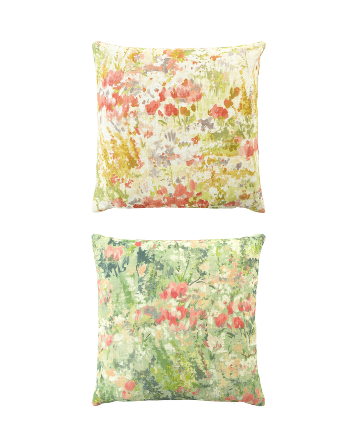 Übersicht der Blumen Kissenbezüge „Perugia 40x40“ von Sander in den Farbvarianten Honey und Sage mit abstraktem, floralem Aquarellmuster.