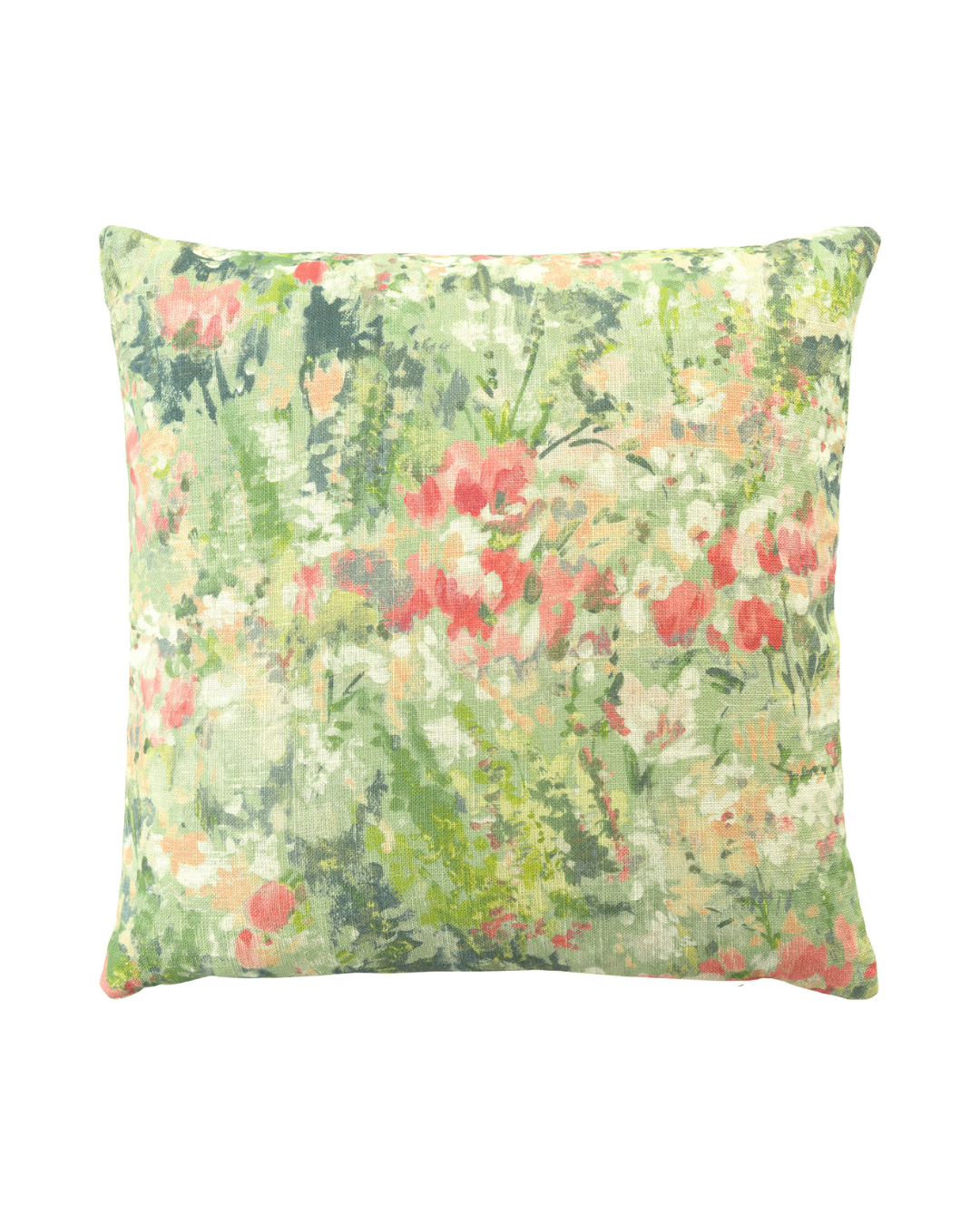 Blumen Kissenbezug „Perugia 40x40“ von Sander in der Farbe Sage mit grünem, mehrfarbigem Blumenmuster in weicher Aquarelloptik.