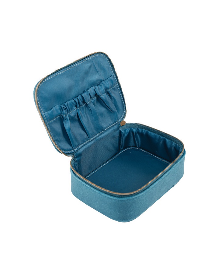 Offene Fuchs Schmucktasche von Wrendale Designs in Petrol mit Fächern für Ringe, Ketten und Ohrringe.