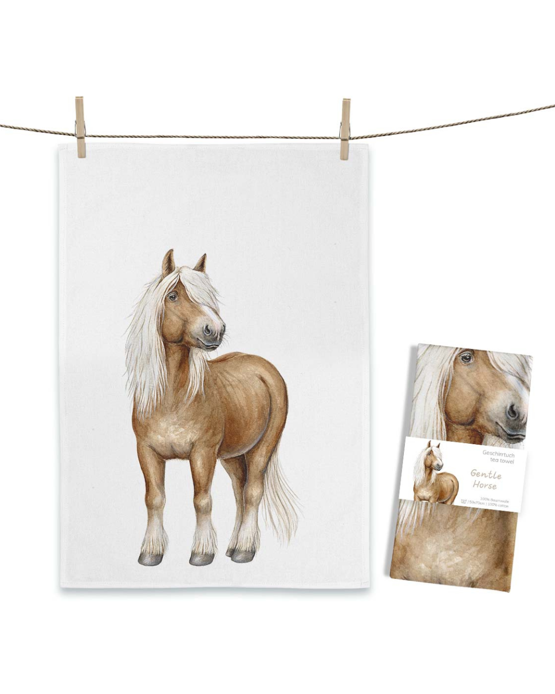 Geschirrtuch „Gentle Horse“ von Maluu mit Aquarellmotiv eines braunen Pferdes