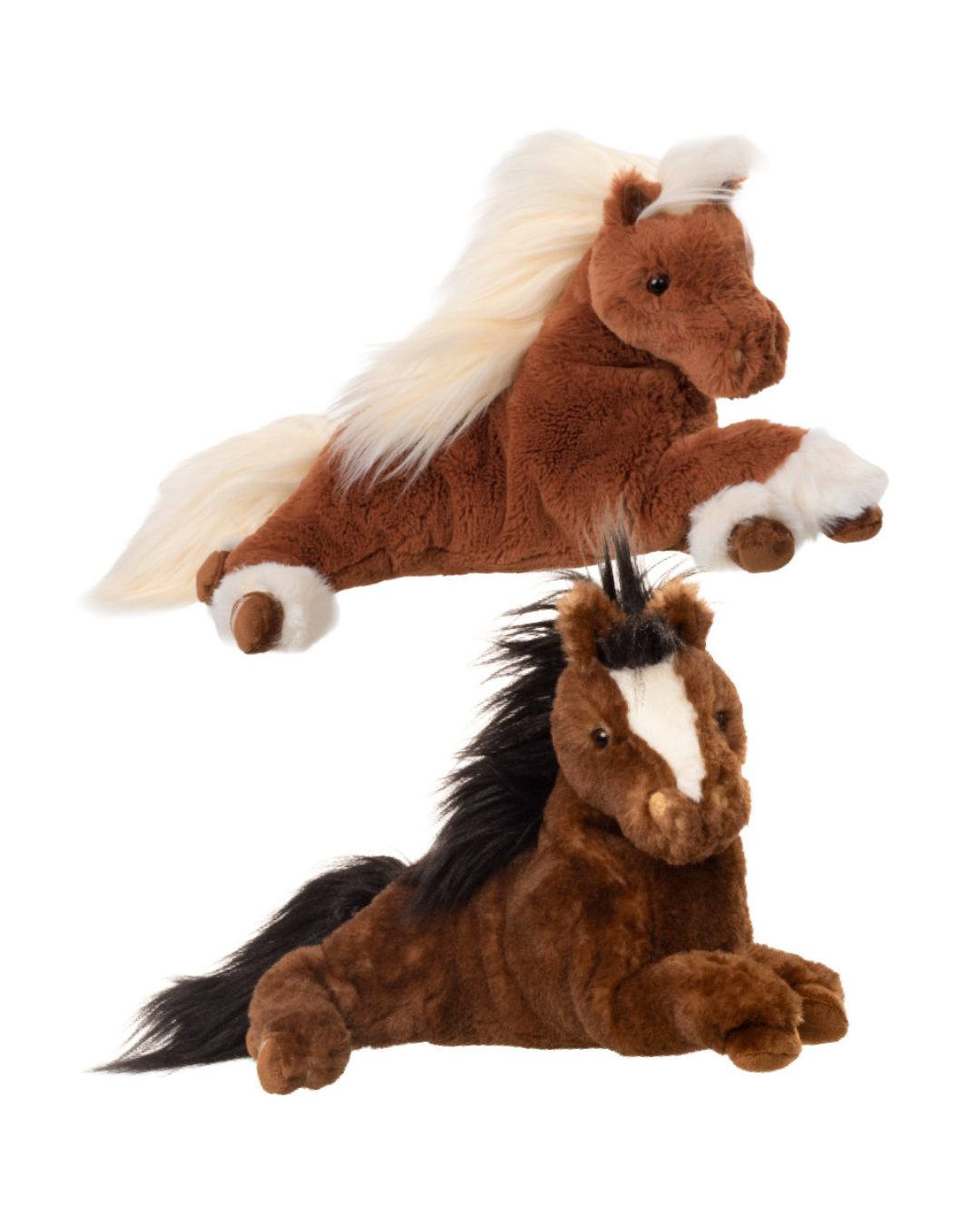 Ein braunes Pferd Kuscheltier mit schwarzer Mähne und ein etwas helleres mit weißer Mähne von Bukowski liegend auf einem weißen Hintergrund.