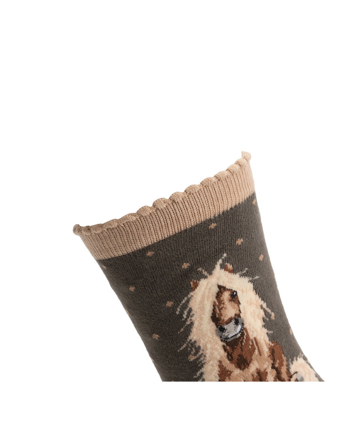 Detailansicht des beigefarbenen Bündchens der Pferde Socken von Wrendale Designs