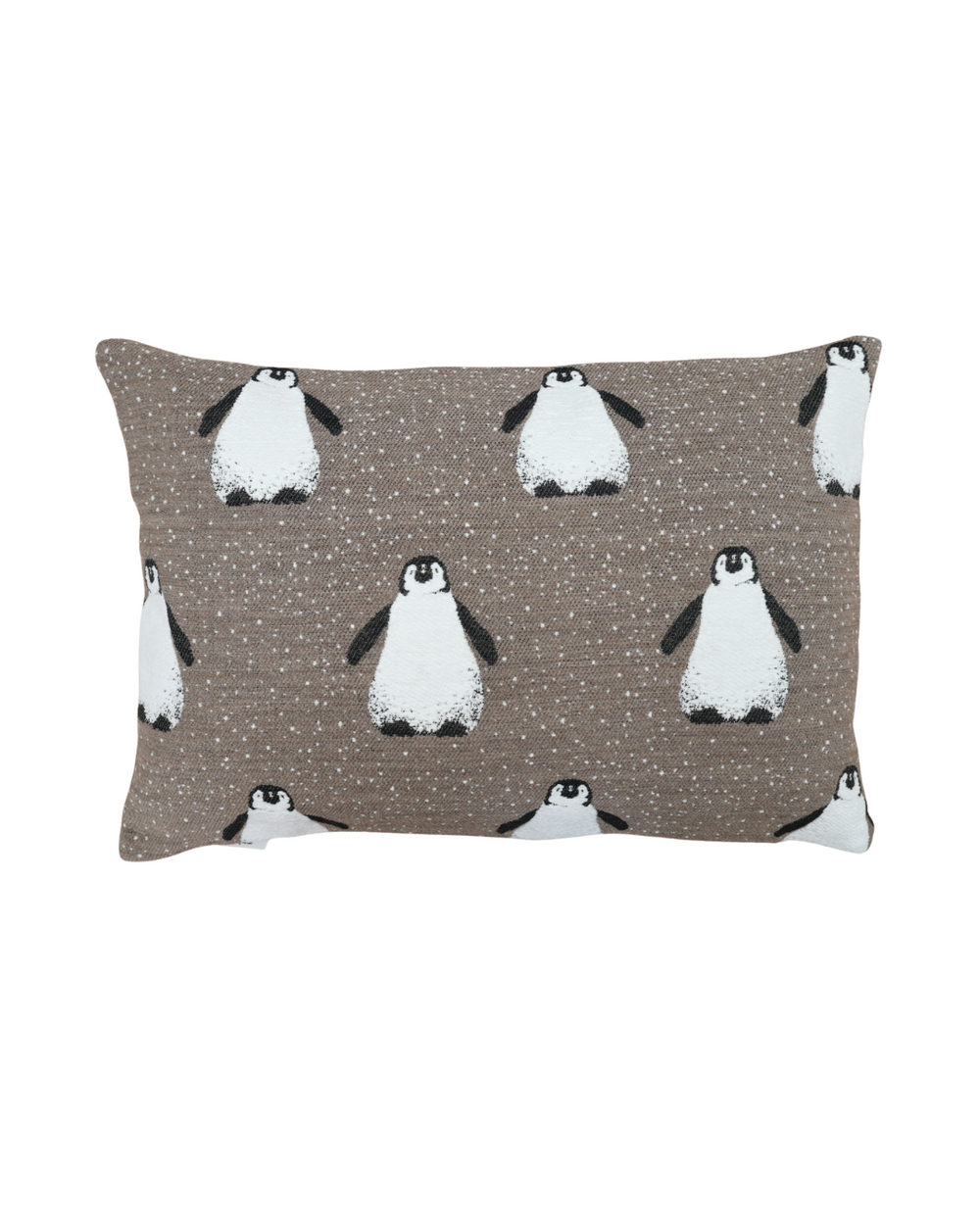 Ping & Friends Kissenbezug von Sander in Taupe, längliches Format mit Pinguinen.