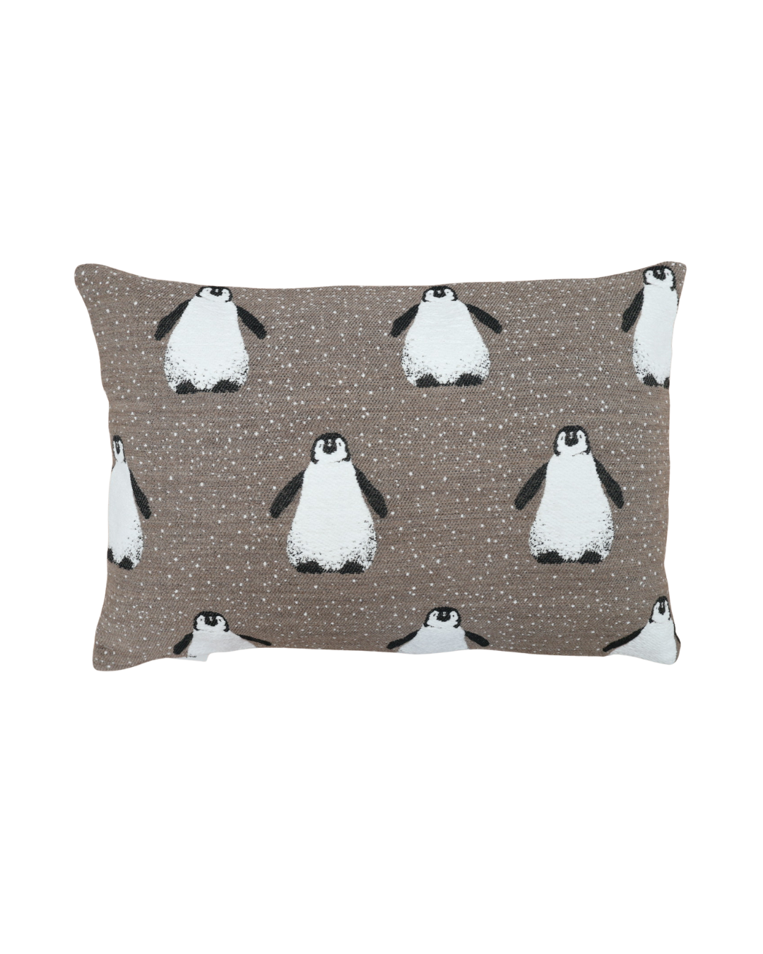 Ping & Friends Kissenbezug von Sander in Taupe, längliches Format mit Pinguinen.