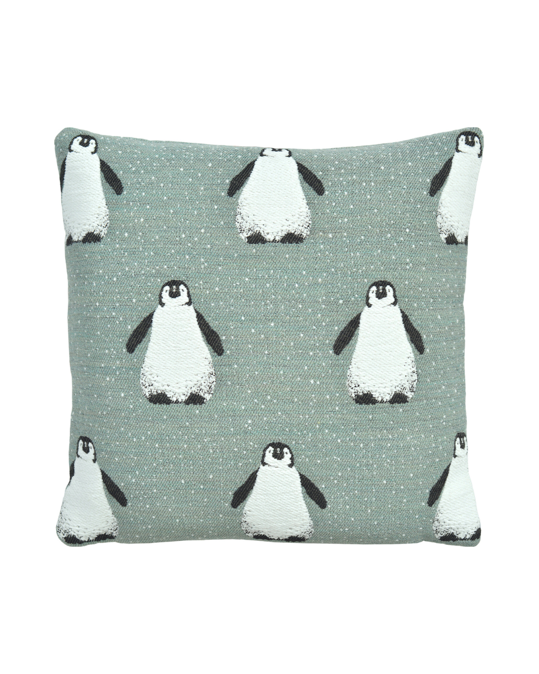 Ping & Friends Kissenbezug von Sander in Blue Fox mit Pinguinen und Schneeflocken.