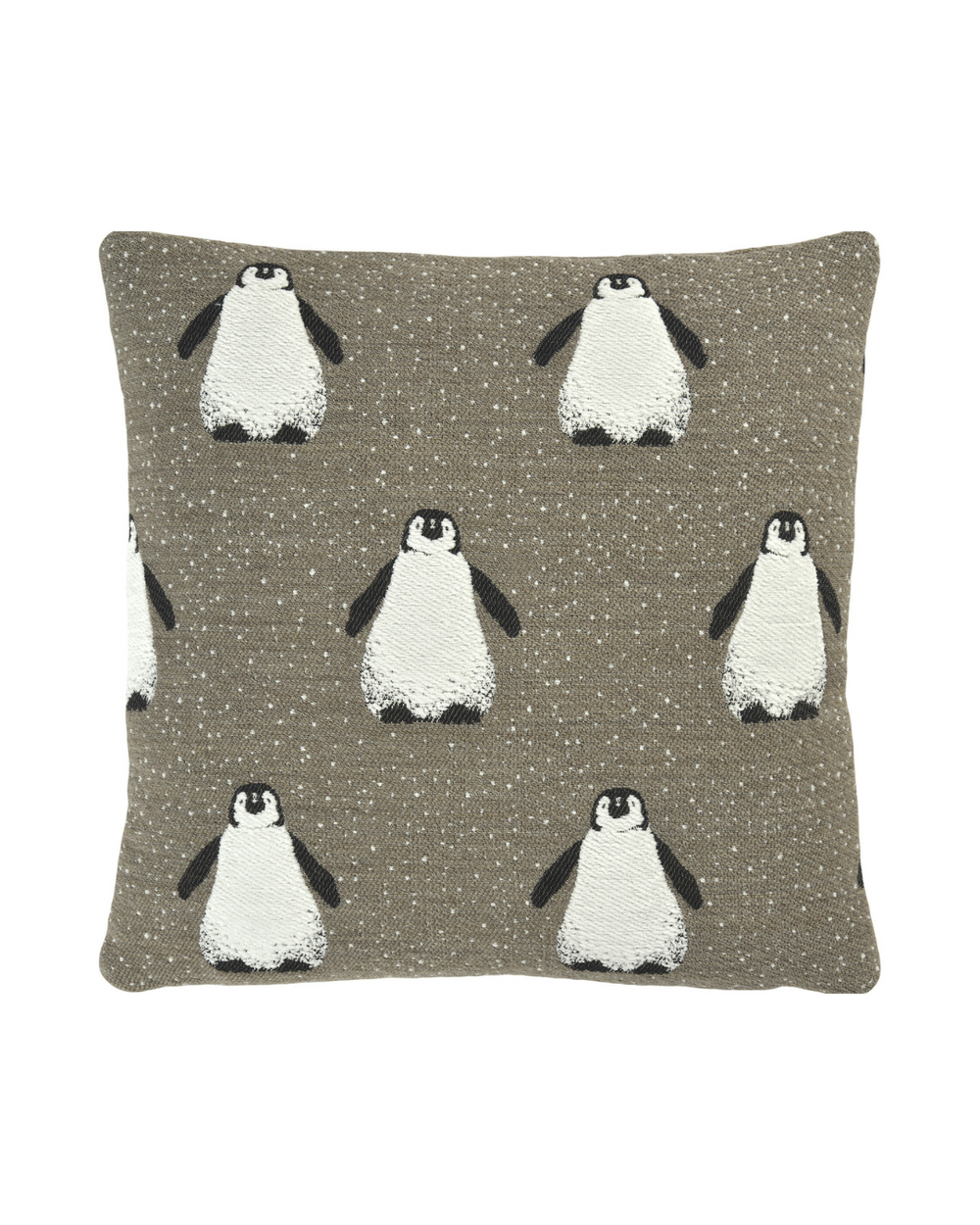 Ping & Friends Kissenbezug von Sander in Taupe mit verspielten Pinguinen.