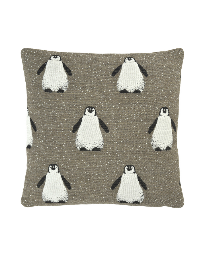 Ping & Friends Kissenbezug von Sander in Taupe mit verspielten Pinguinen.
