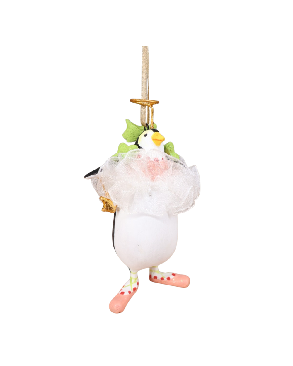 „Mini Millicent Penguin schräg von vorne mit weißem Tüllkragen und rosafarbenen Schuhen.“