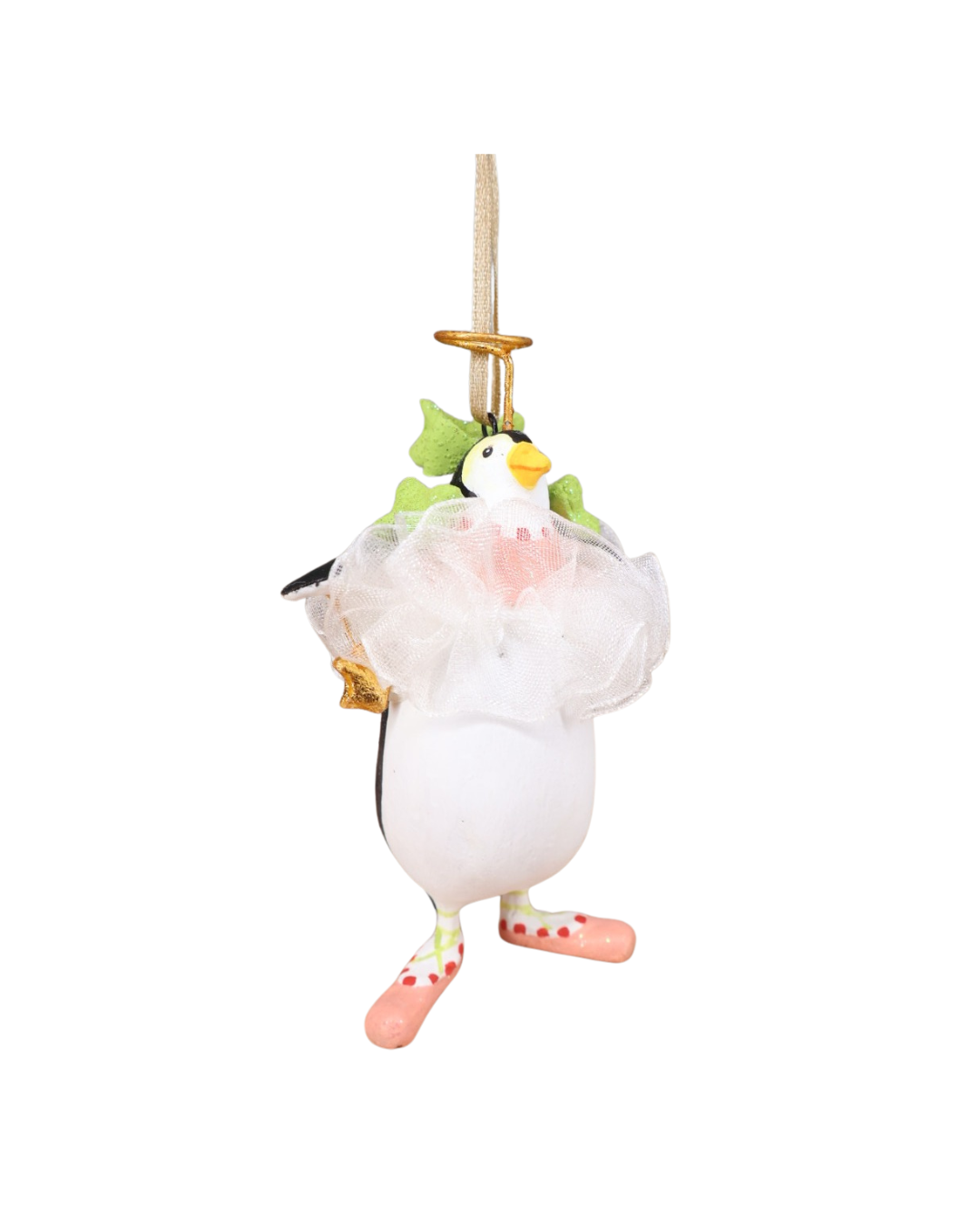 „Mini Millicent Penguin schräg von vorne mit weißem Tüllkragen und rosafarbenen Schuhen.“